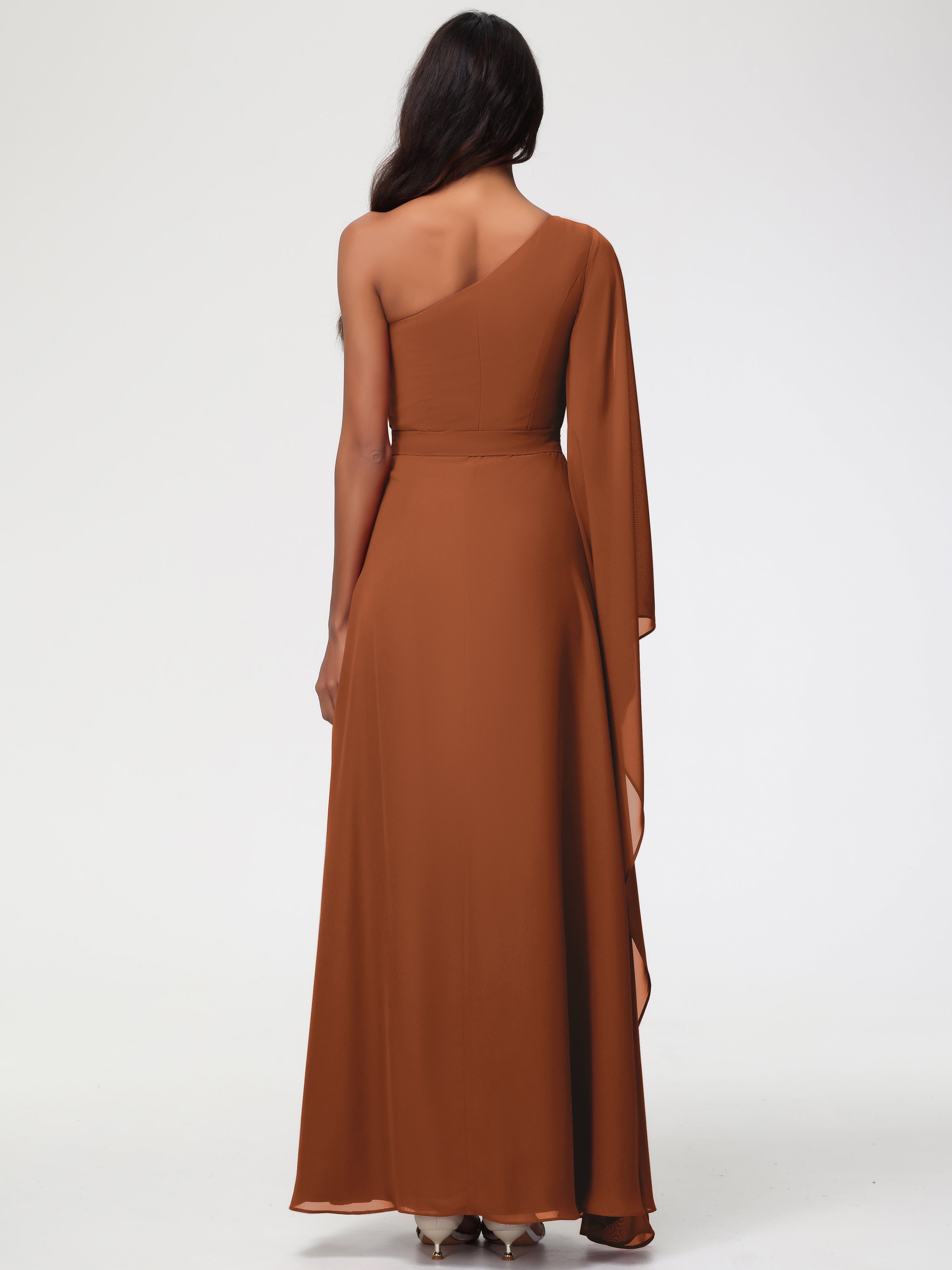 Robe Terracotta Demoiselle D Honneur Seule-Épaule Manches Asymétriques Mousseline Robe Demoiselle D'Honneur
