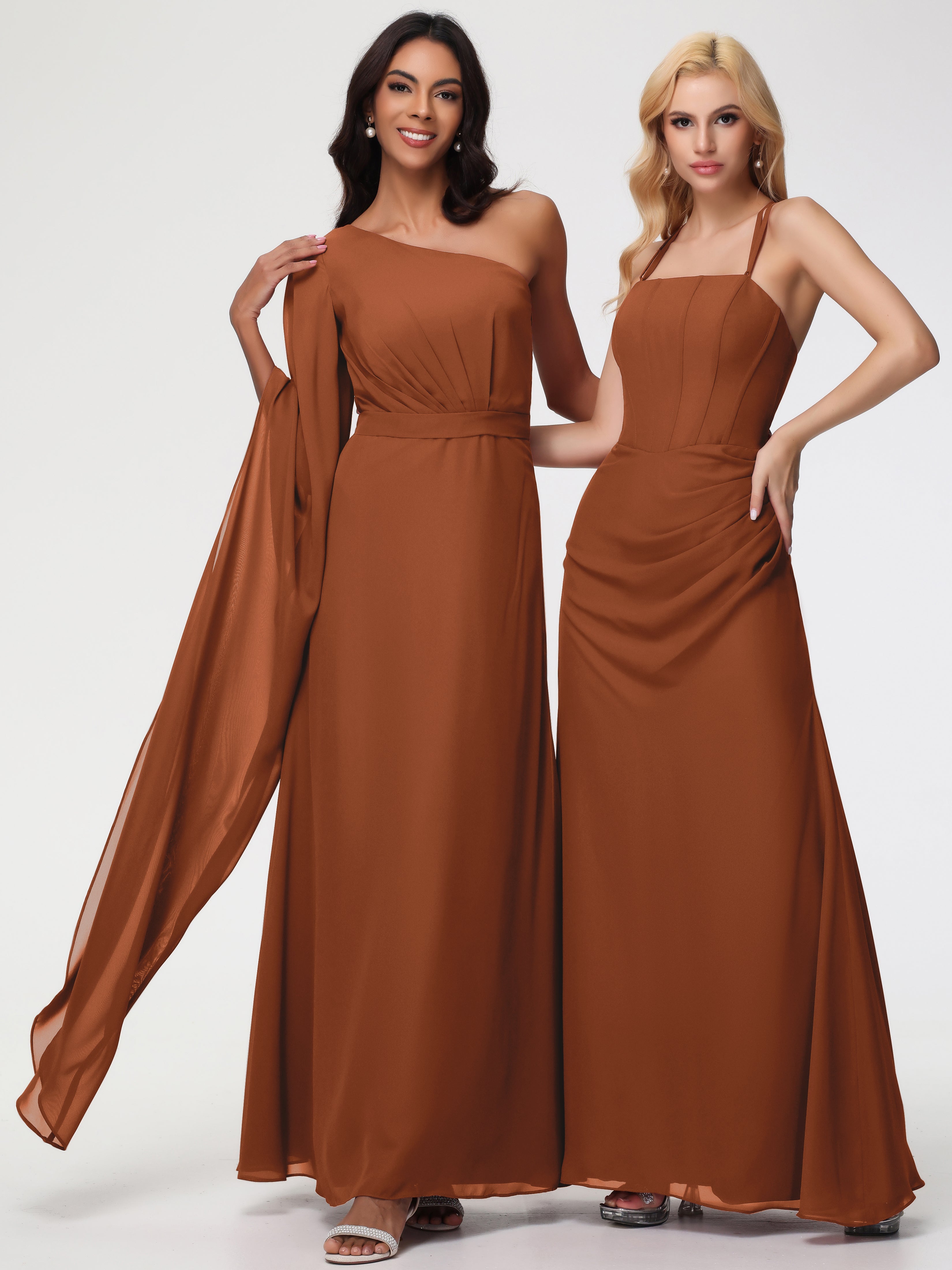 Robe Terracotta Demoiselle D Honneur Seule-Épaule Manches Asymétriques Mousseline Robe Demoiselle D'Honneur