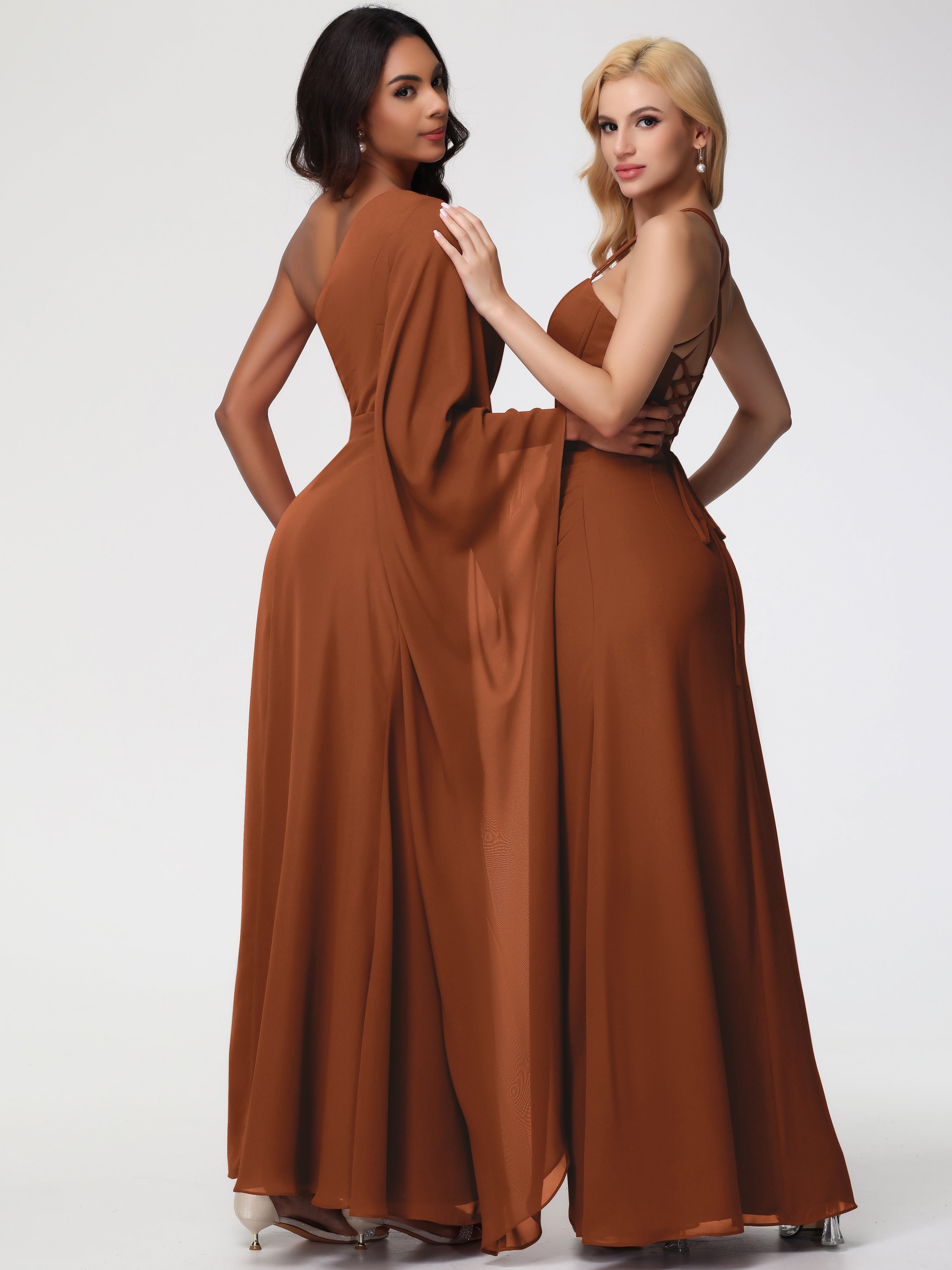 Robe Terracotta Demoiselle D Honneur Seule-Épaule Manches Asymétriques Mousseline Robe Demoiselle D'Honneur
