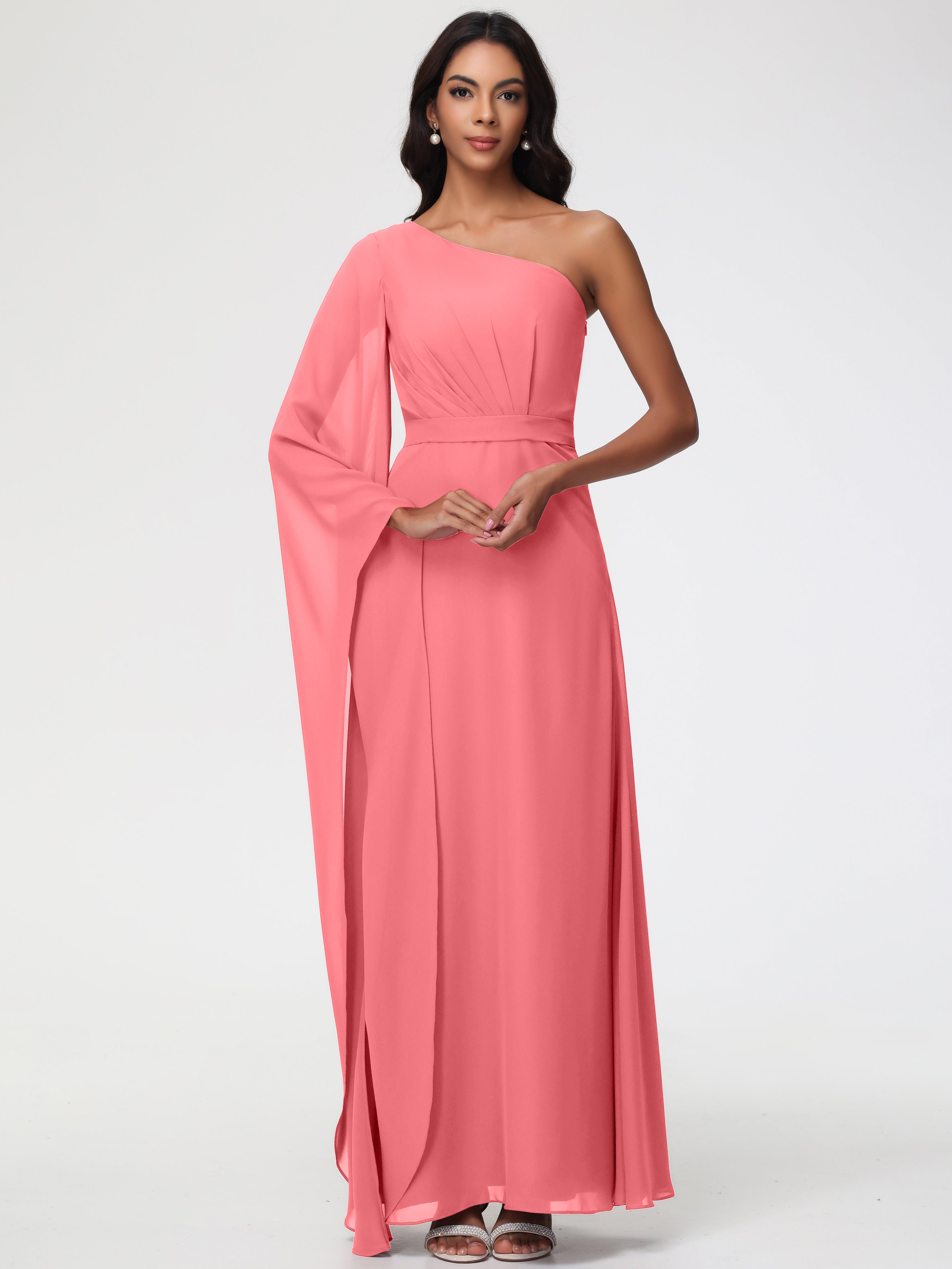 Robes De Demoiselle D'Honneur Pastèque Seule-Épaule Manches Asymétriques Mousseline Robe Demoiselle D'Honneur