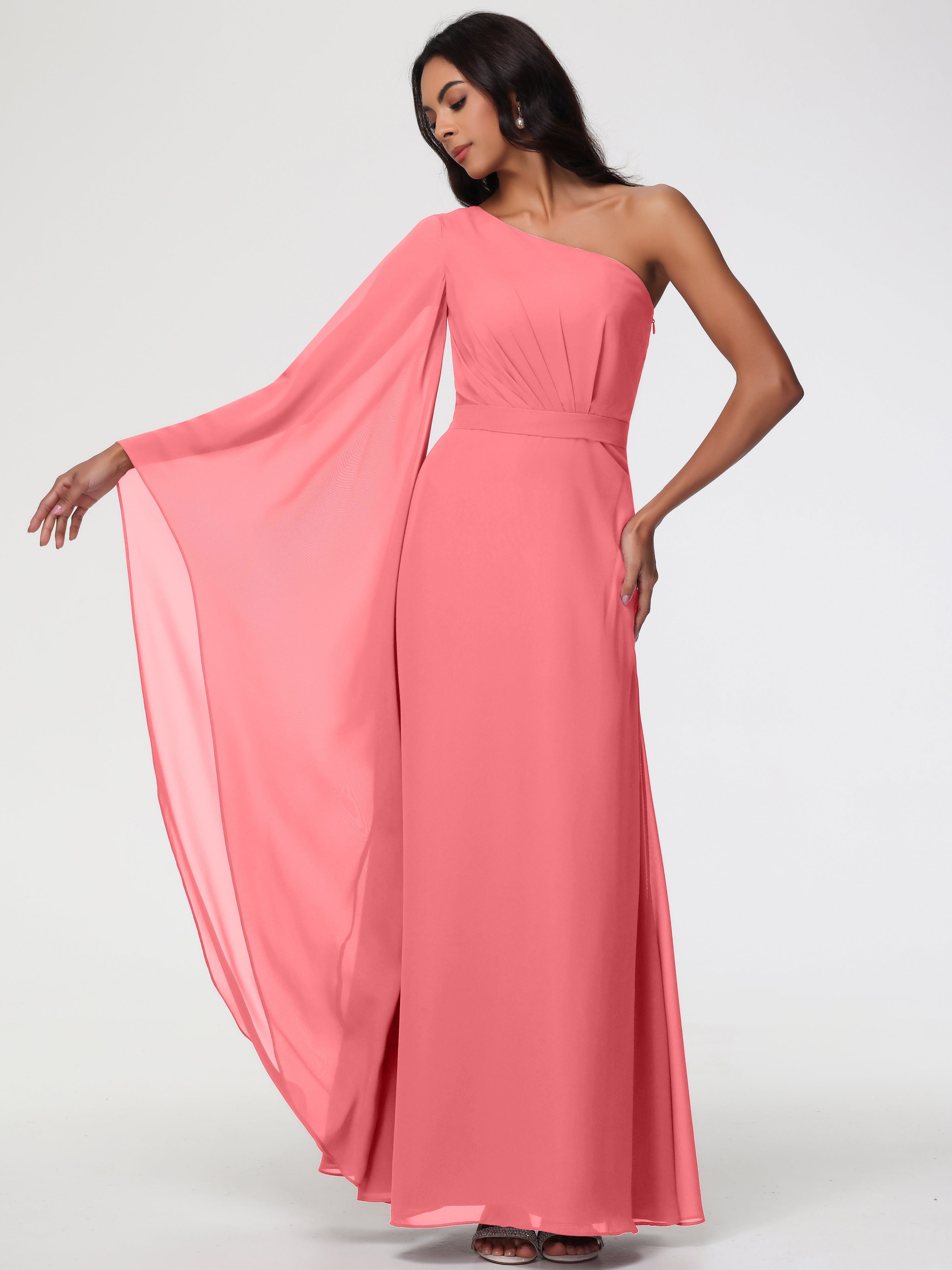 Robes De Demoiselle D'Honneur Pastèque Seule-Épaule Manches Asymétriques Mousseline Robe Demoiselle D'Honneur