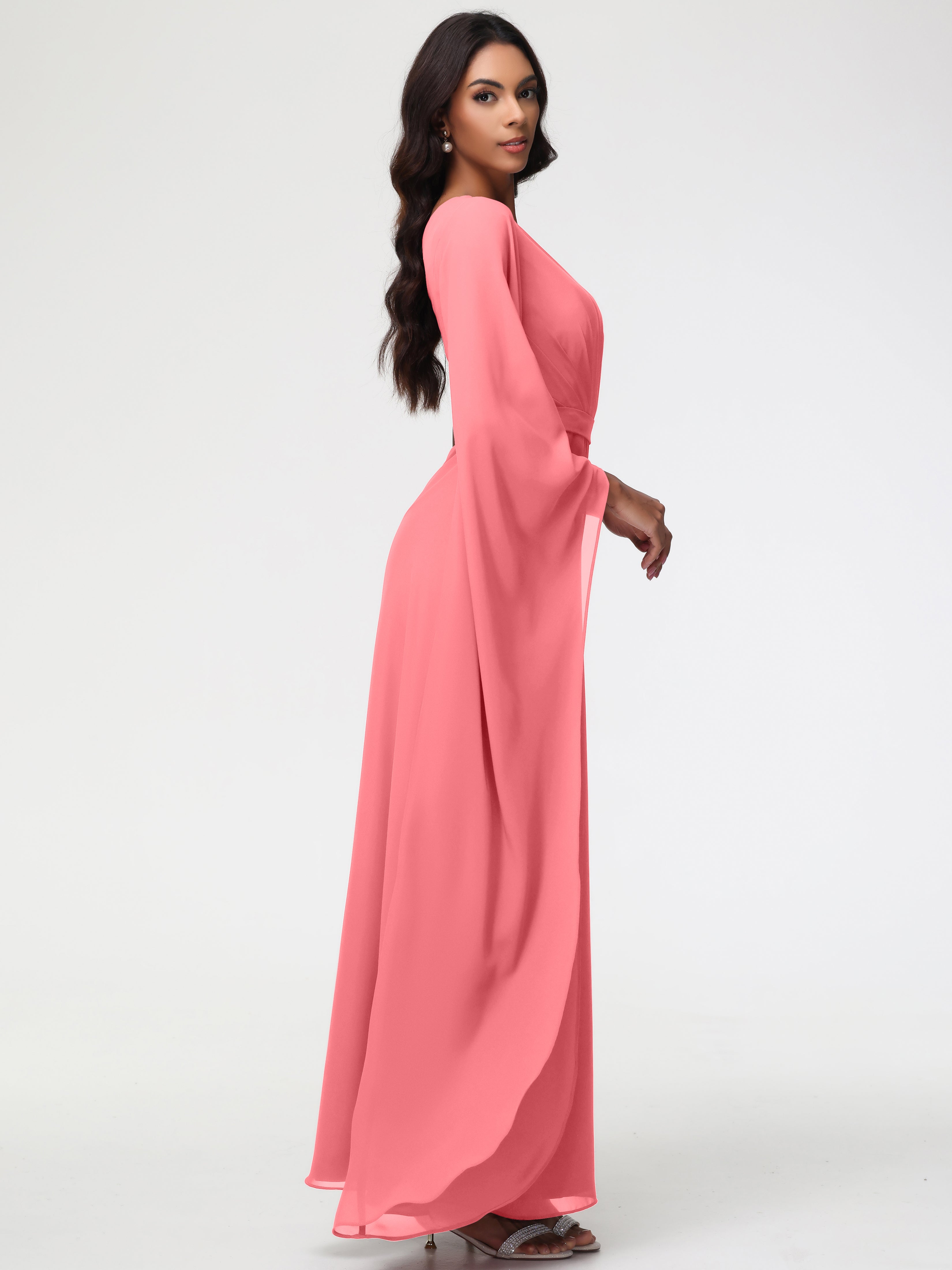 Robes De Demoiselle D'Honneur Pastèque Seule-Épaule Manches Asymétriques Mousseline Robe Demoiselle D'Honneur