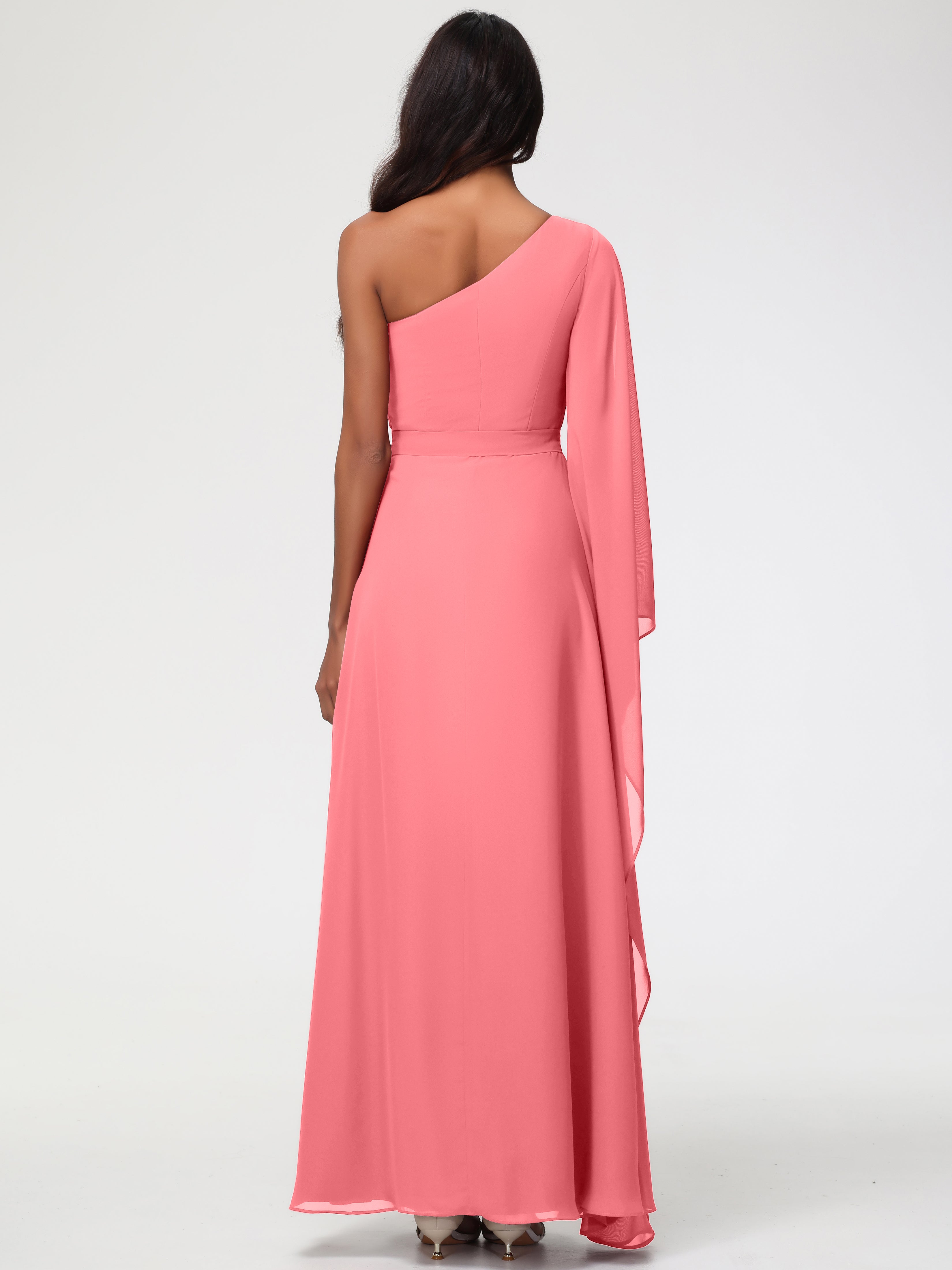 Robes De Demoiselle D'Honneur Pastèque Seule-Épaule Manches Asymétriques Mousseline Robe Demoiselle D'Honneur