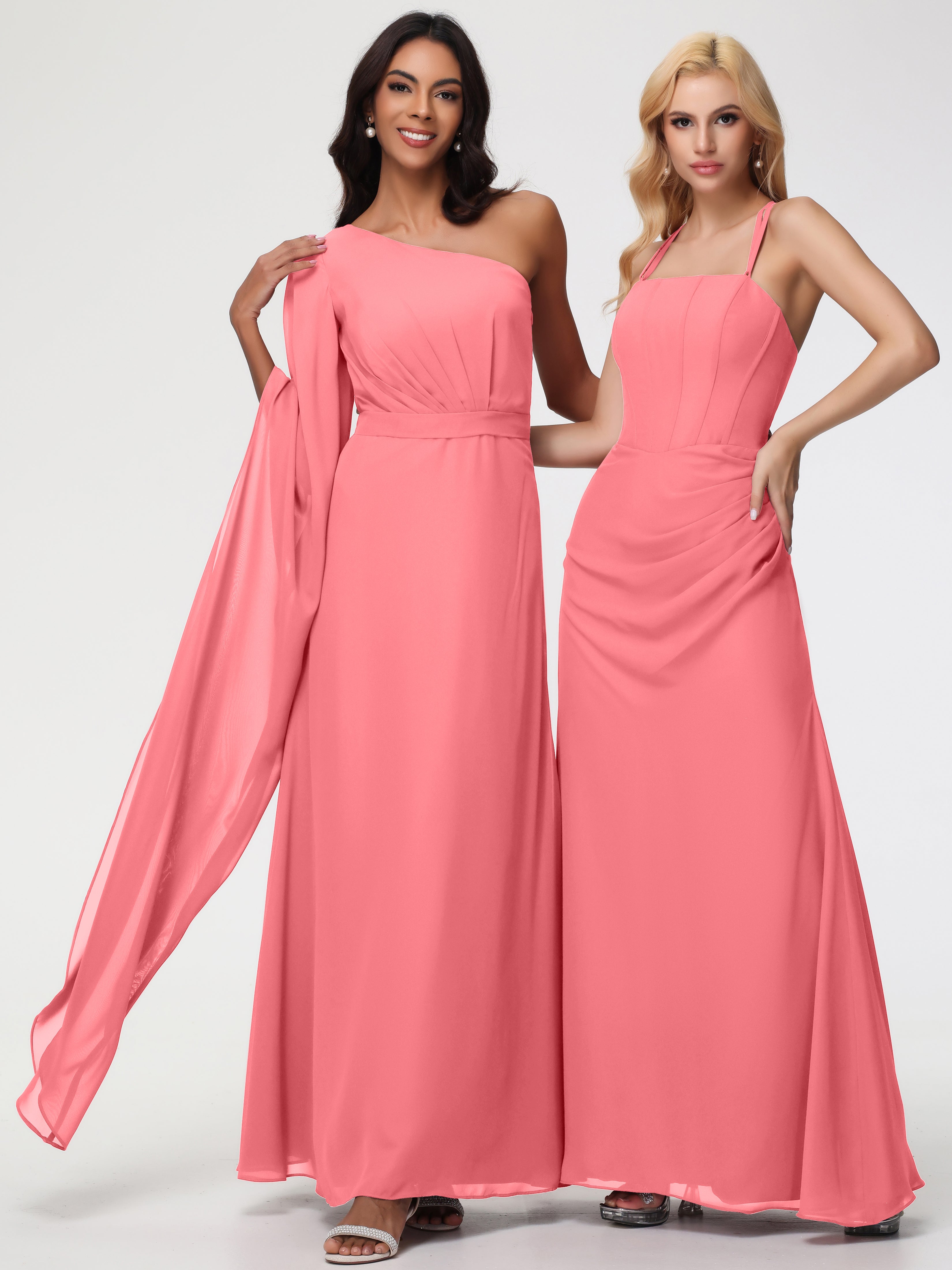 Robes De Demoiselle D'Honneur Pastèque Seule-Épaule Manches Asymétriques Mousseline Robe Demoiselle D'Honneur