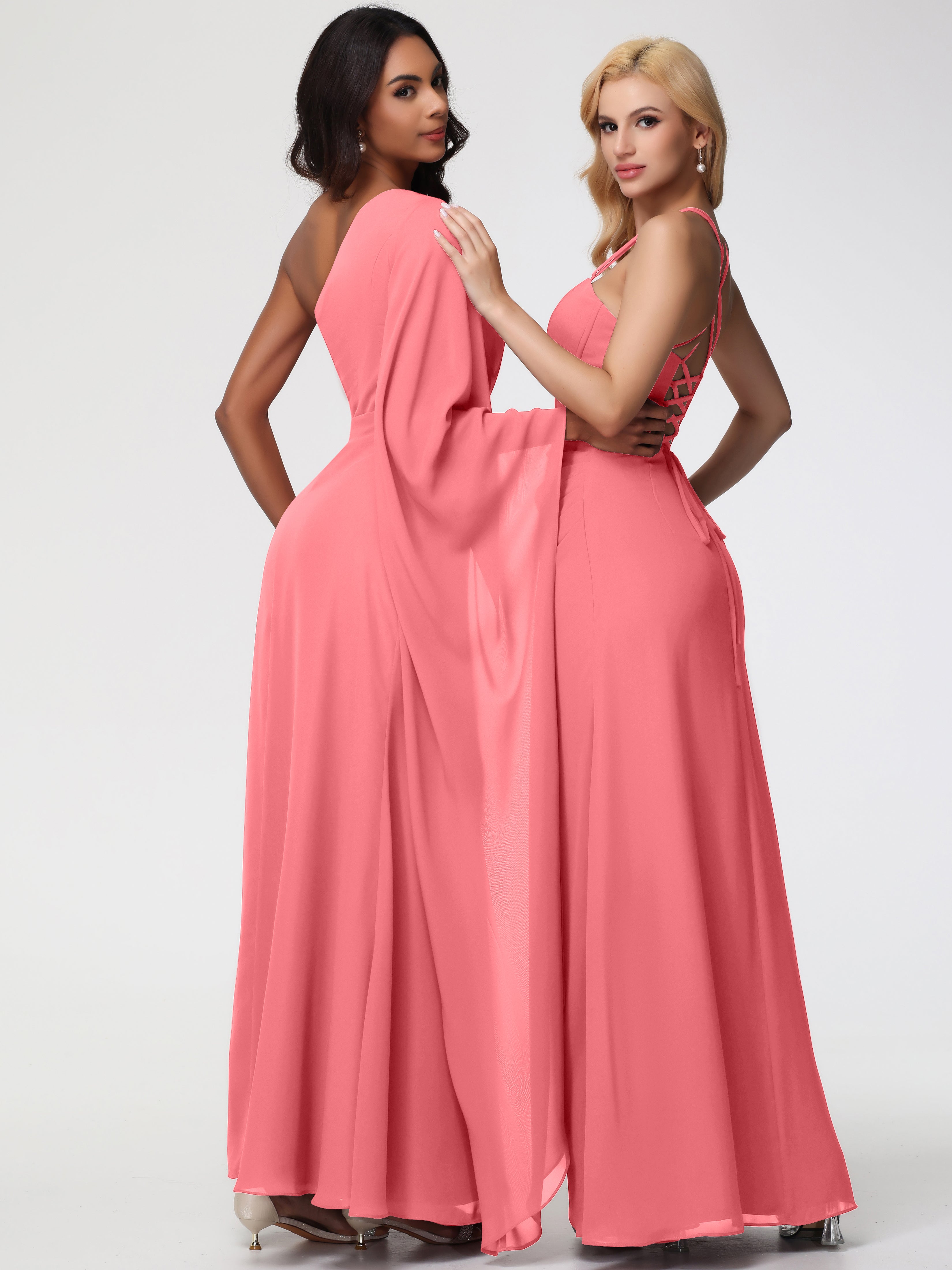 Robes De Demoiselle D'Honneur Pastèque Seule-Épaule Manches Asymétriques Mousseline Robe Demoiselle D'Honneur