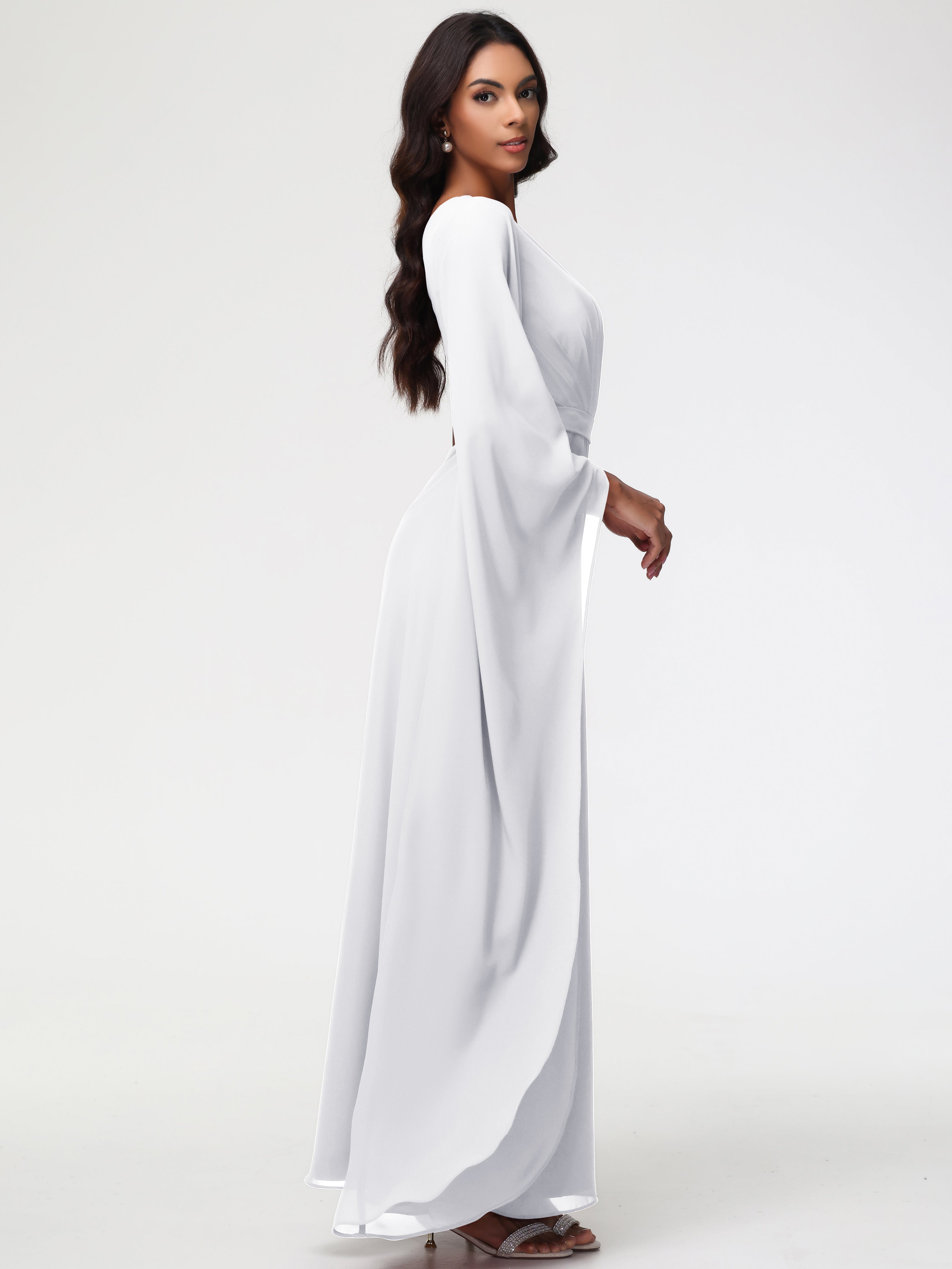 Robe De Demoiselle D Honneur Blanche Seule-Épaule Manches Asymétriques Mousseline Robe Demoiselle D'Honneur