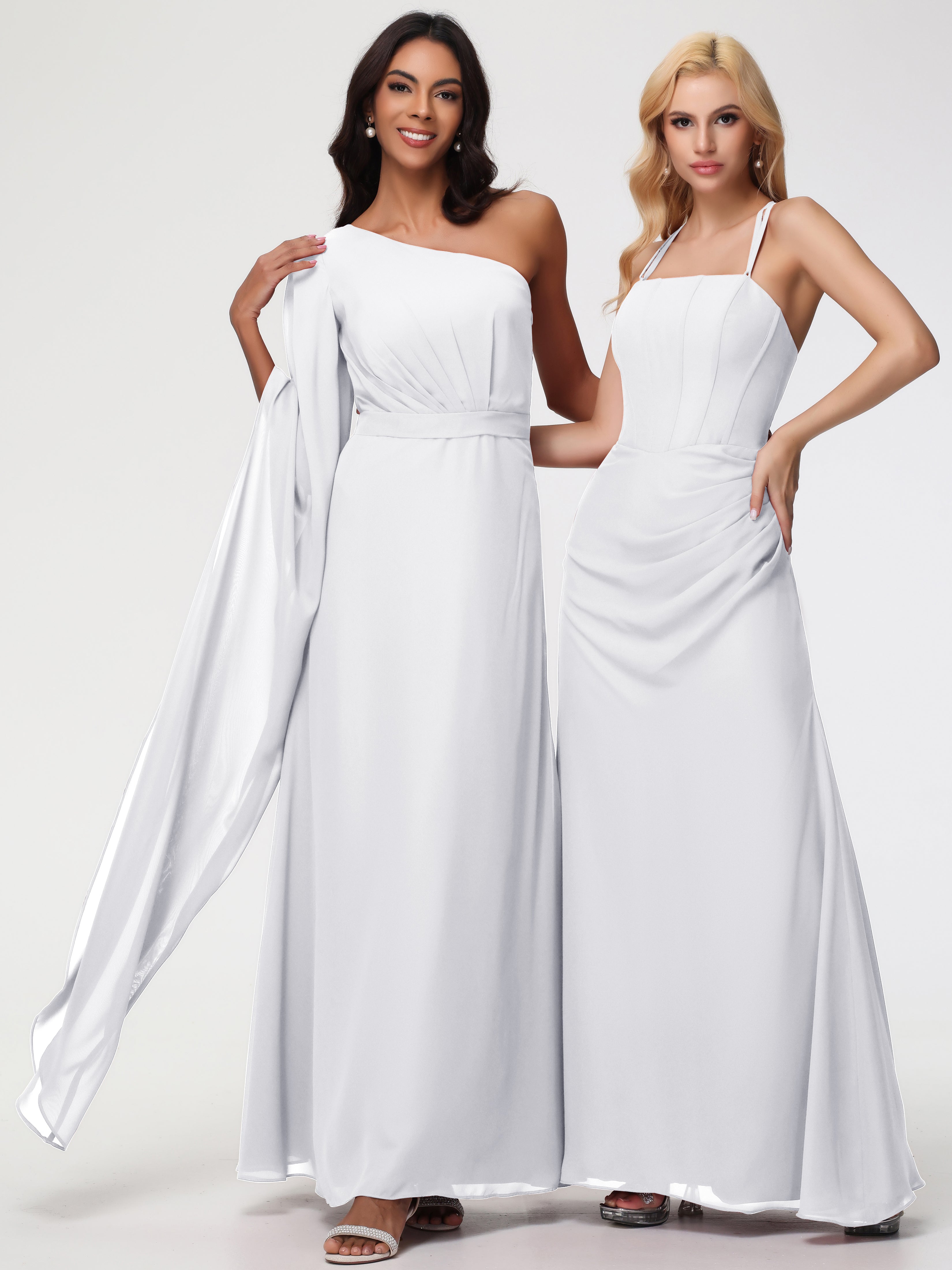 Robe De Demoiselle D Honneur Blanche Seule-Épaule Manches Asymétriques Mousseline Robe Demoiselle D'Honneur