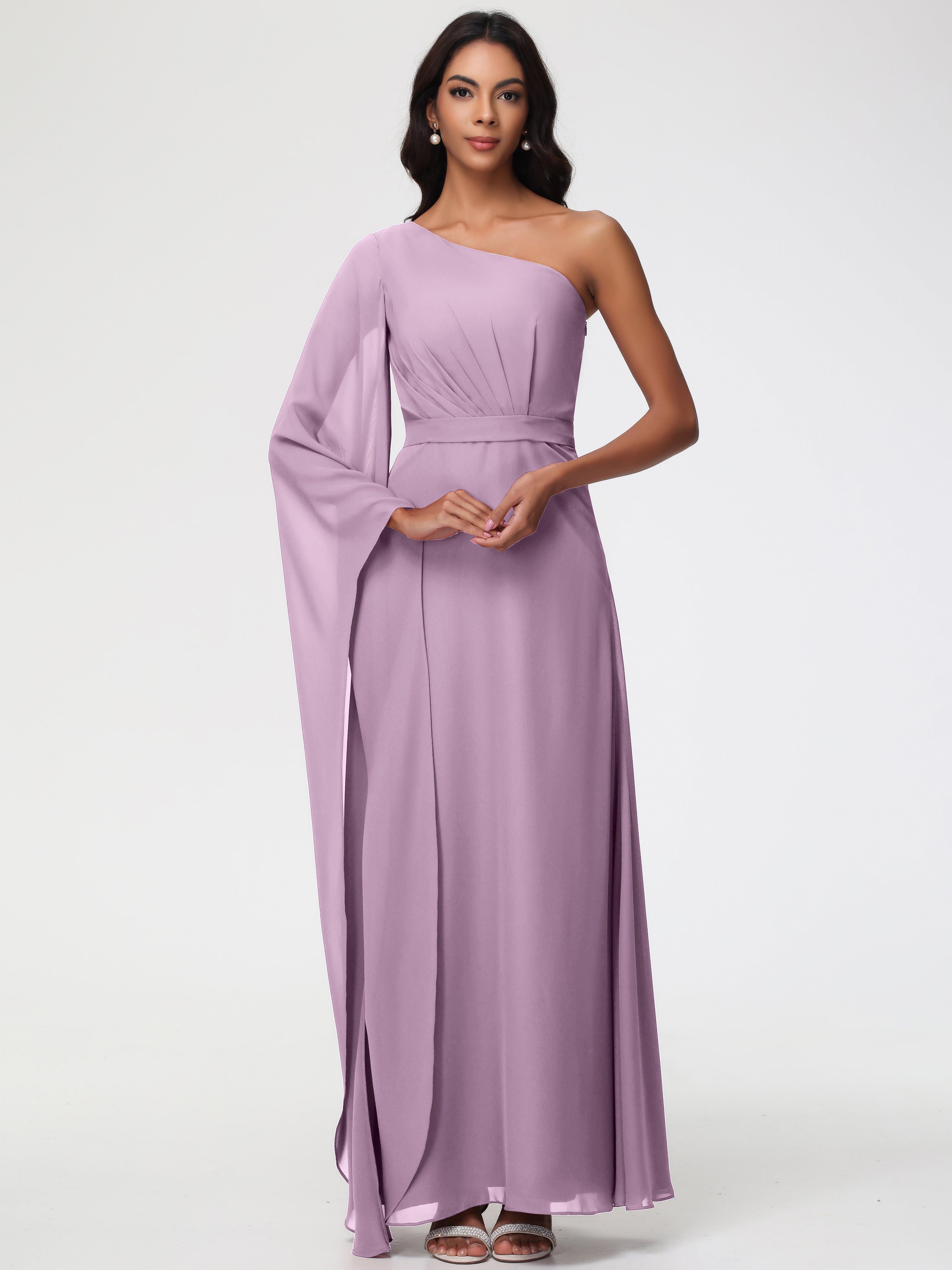 Robes De Demoiselle D'Honneur Glycine Seule-Épaule Manches Asymétriques Mousseline Robe Demoiselle D'Honneur