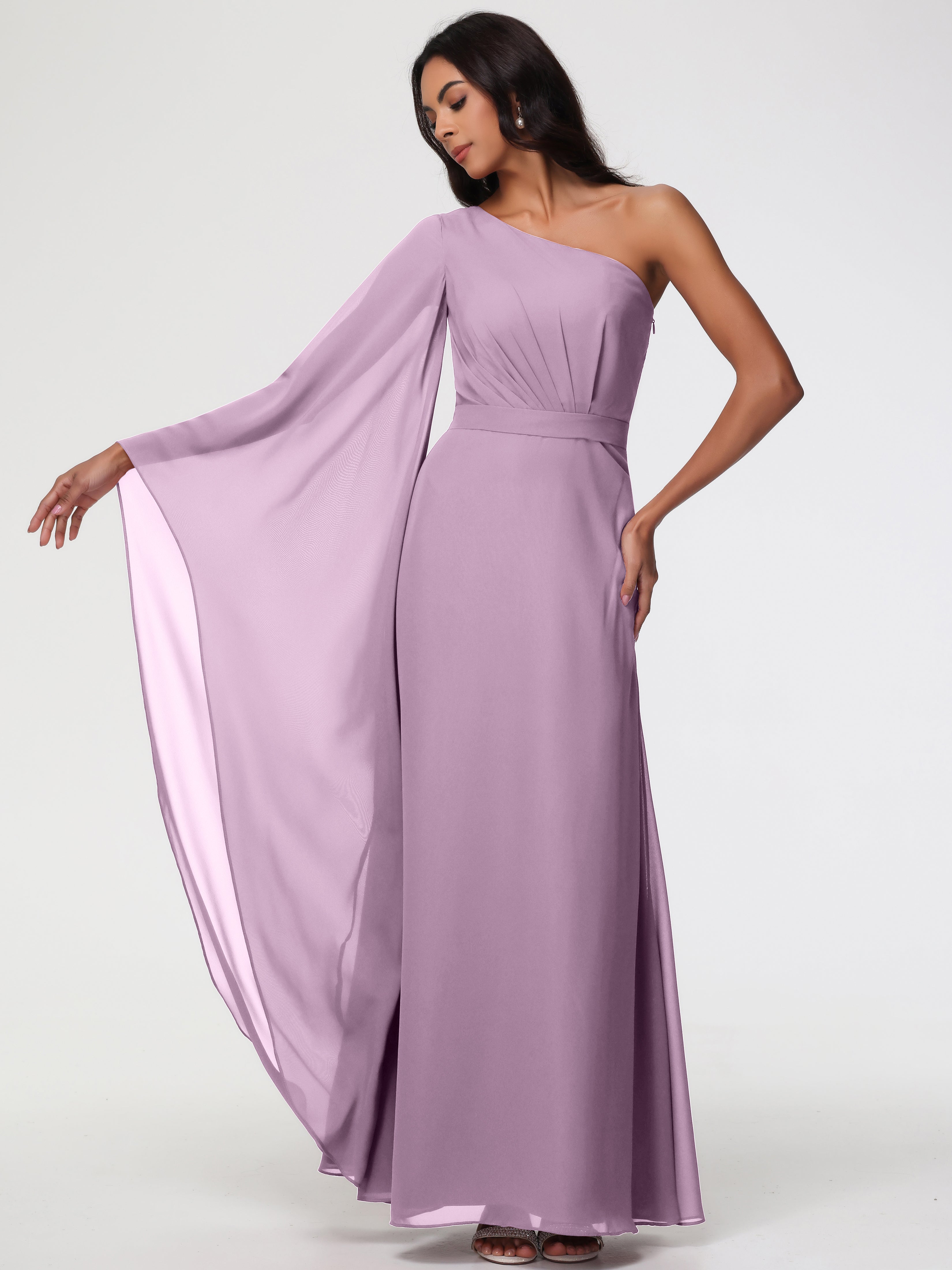 Robes De Demoiselle D'Honneur Glycine Seule-Épaule Manches Asymétriques Mousseline Robe Demoiselle D'Honneur