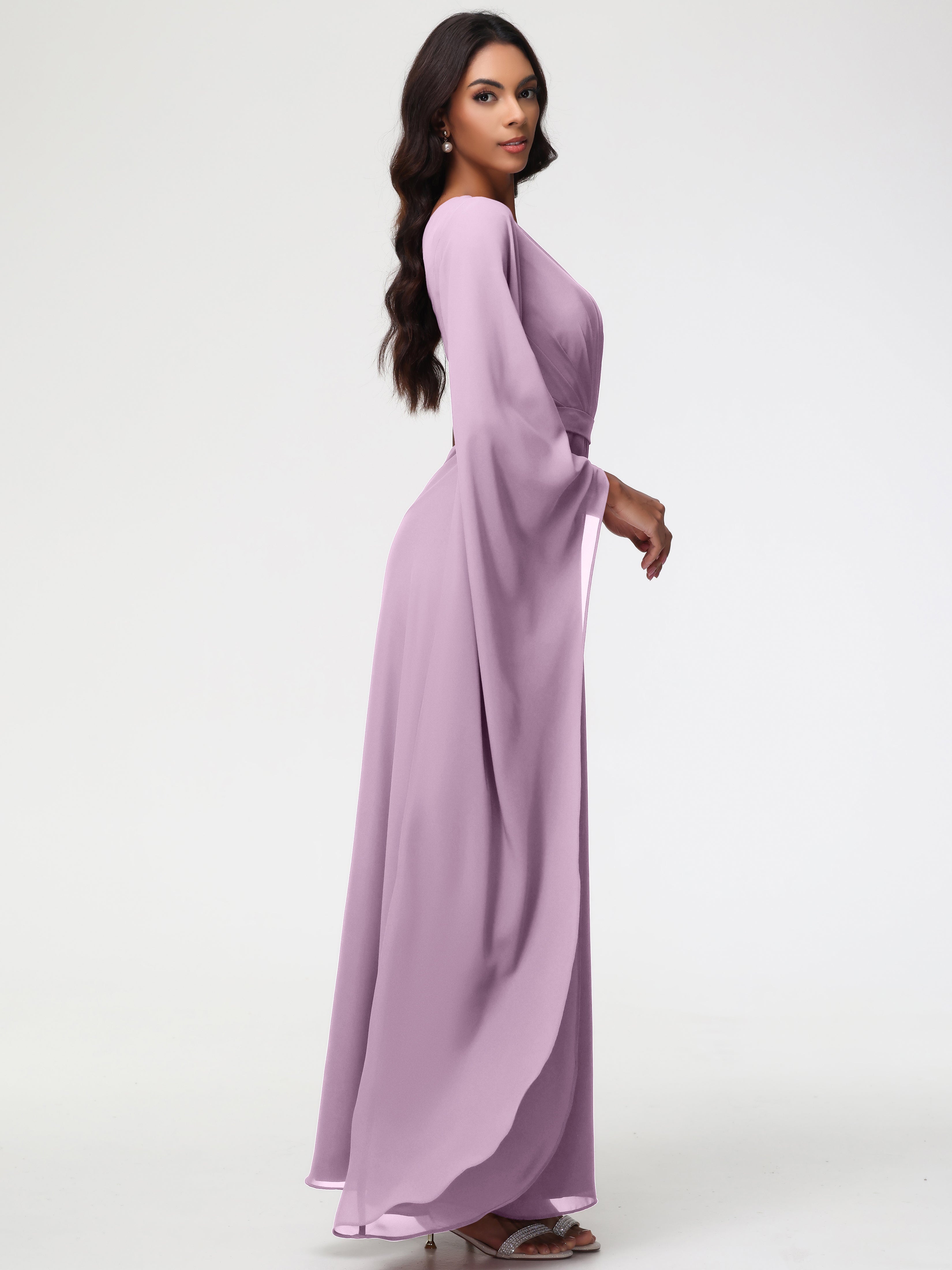Robes De Demoiselle D'Honneur Glycine Seule-Épaule Manches Asymétriques Mousseline Robe Demoiselle D'Honneur