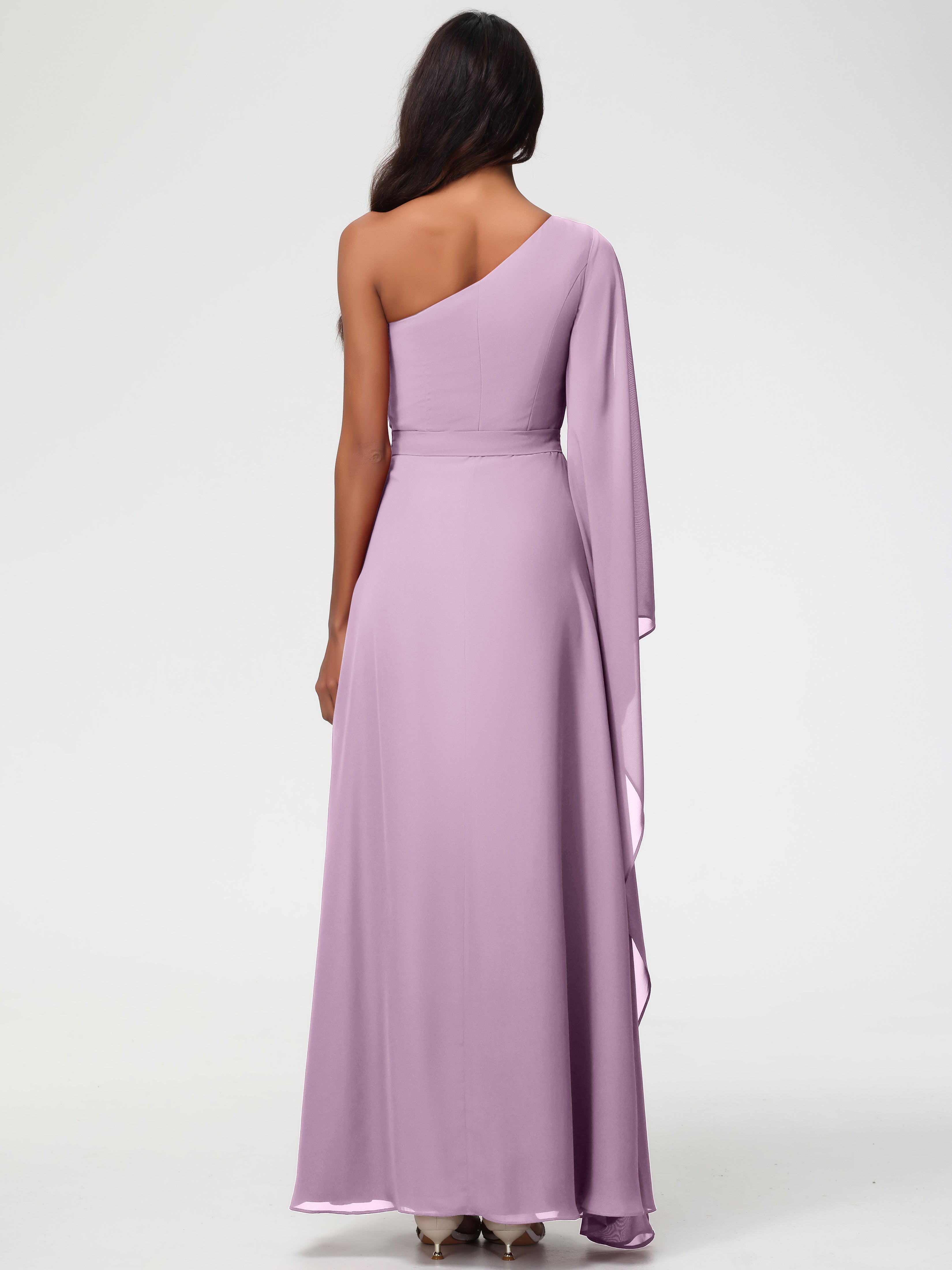 Robes De Demoiselle D'Honneur Glycine Seule-Épaule Manches Asymétriques Mousseline Robe Demoiselle D'Honneur