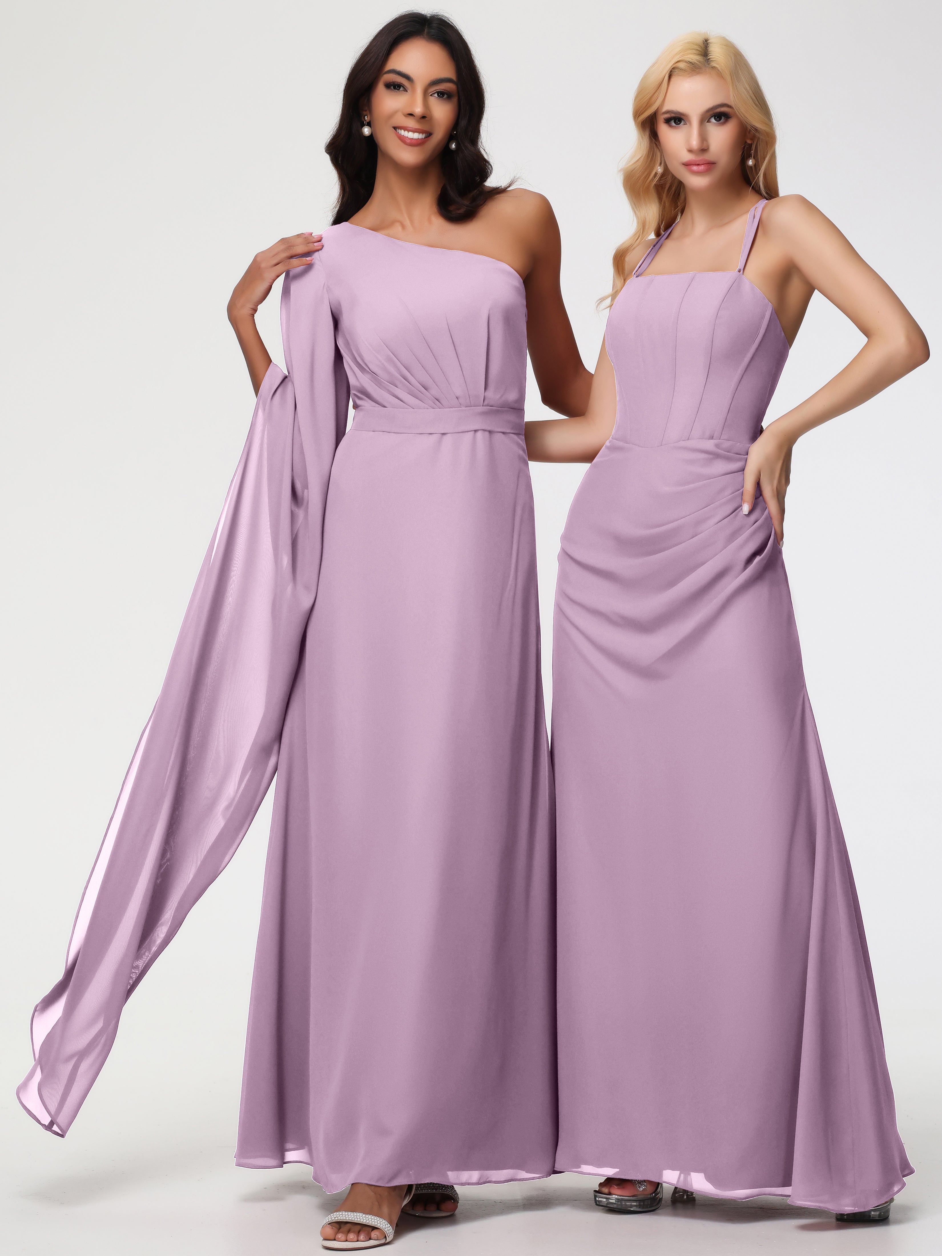 Robes De Demoiselle D'Honneur Glycine Seule-Épaule Manches Asymétriques Mousseline Robe Demoiselle D'Honneur