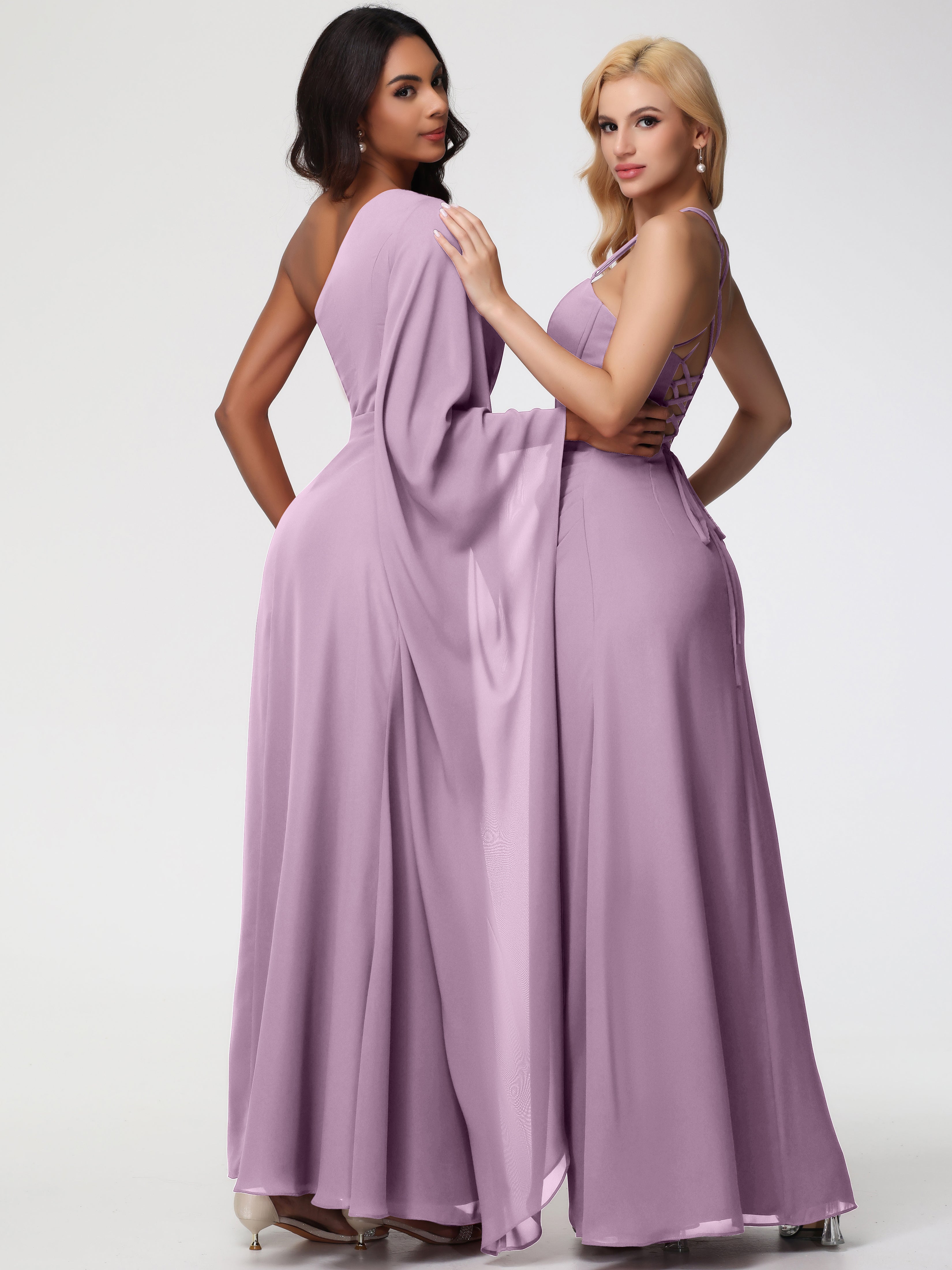 Robes De Demoiselle D'Honneur Glycine Seule-Épaule Manches Asymétriques Mousseline Robe Demoiselle D'Honneur