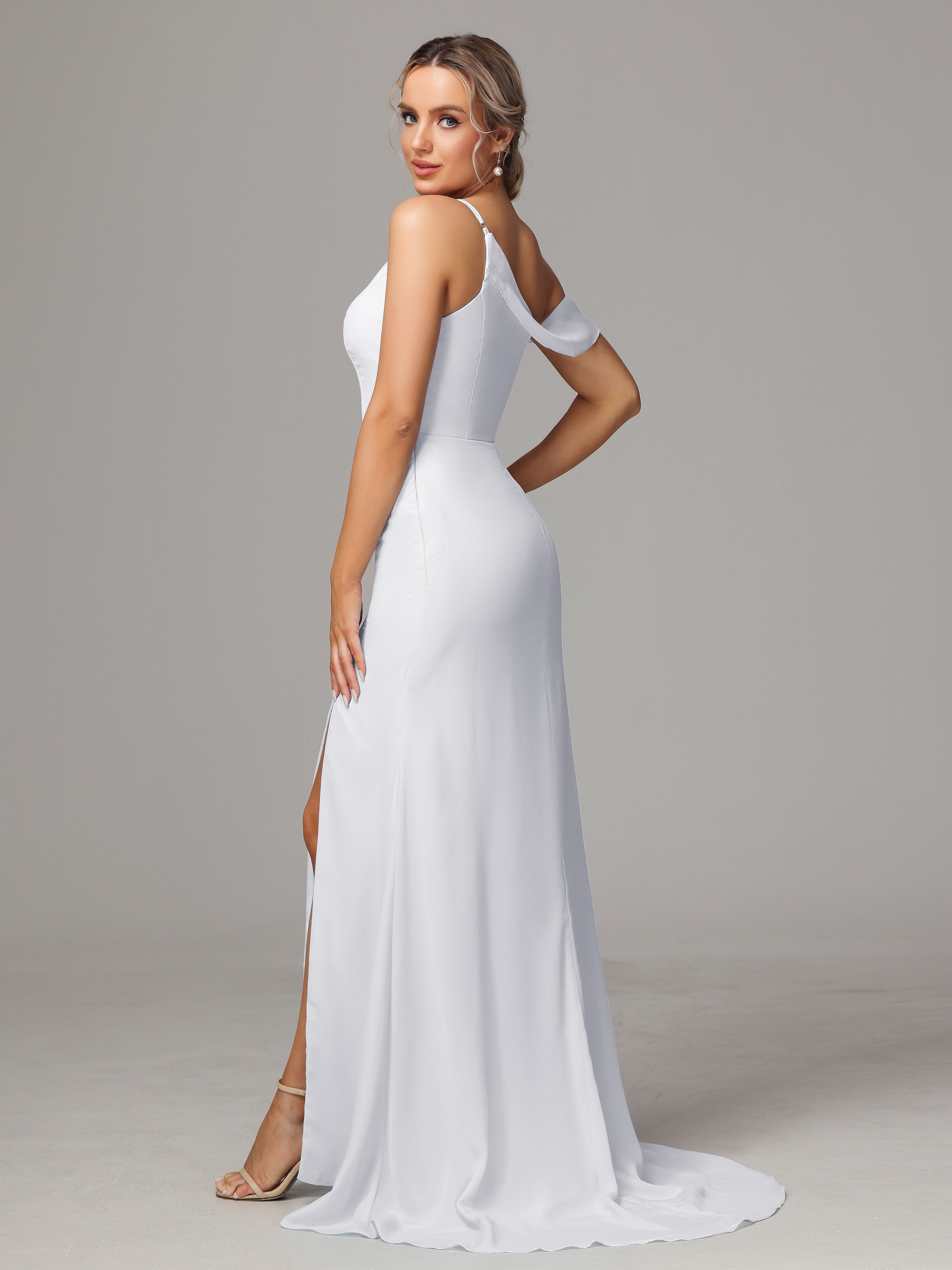 Robe Blanche Demoiselle D Honneur Femme Seule-Épaule Fendue A-Ligne Mousseline Longue Robes Demoiselle D'Honneur