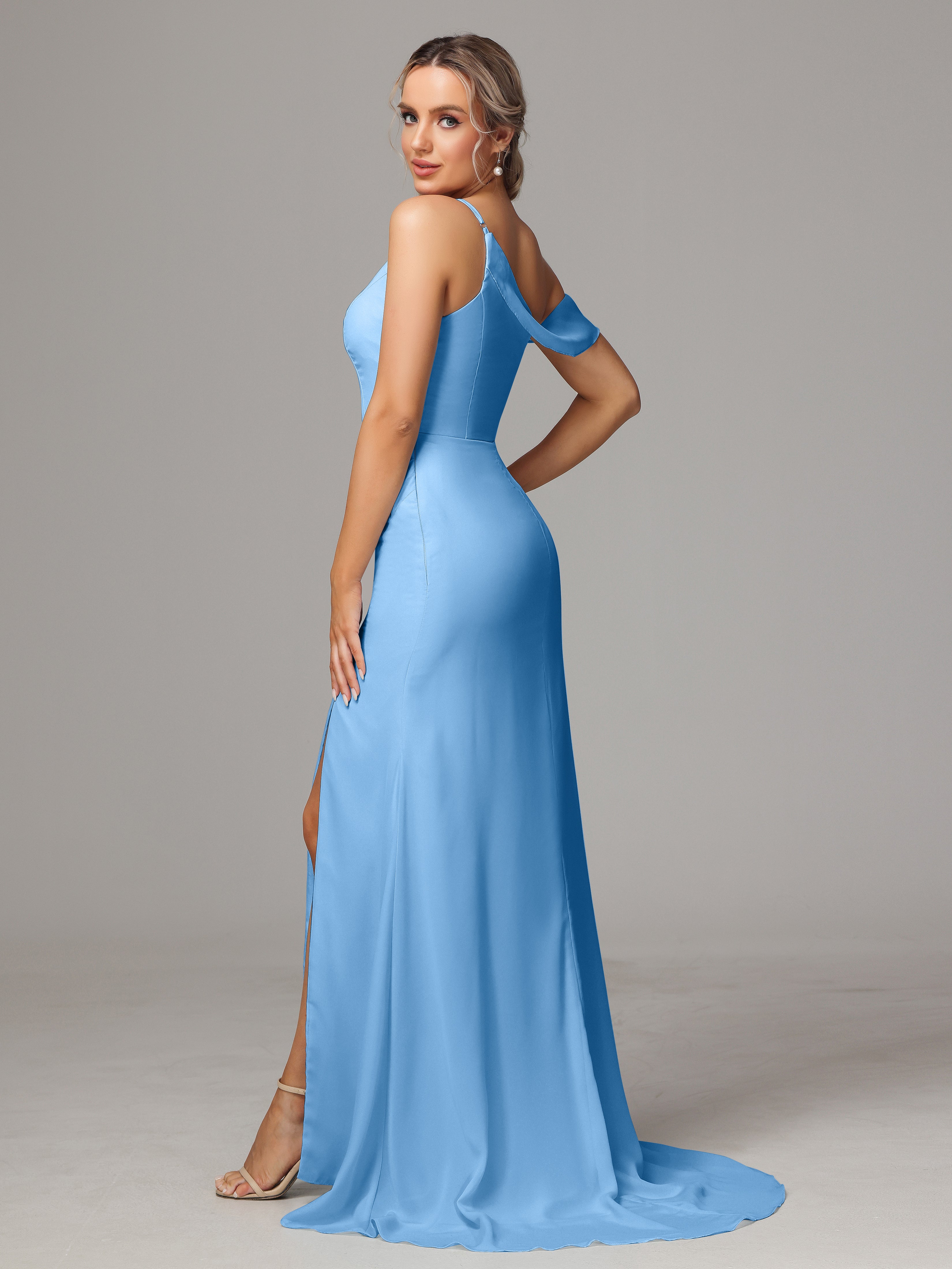 Robes De Demoiselle D'Honneur Bleues Seule-Épaule Fendue A-Ligne Mousseline Longue Robes Demoiselle D'Honneur