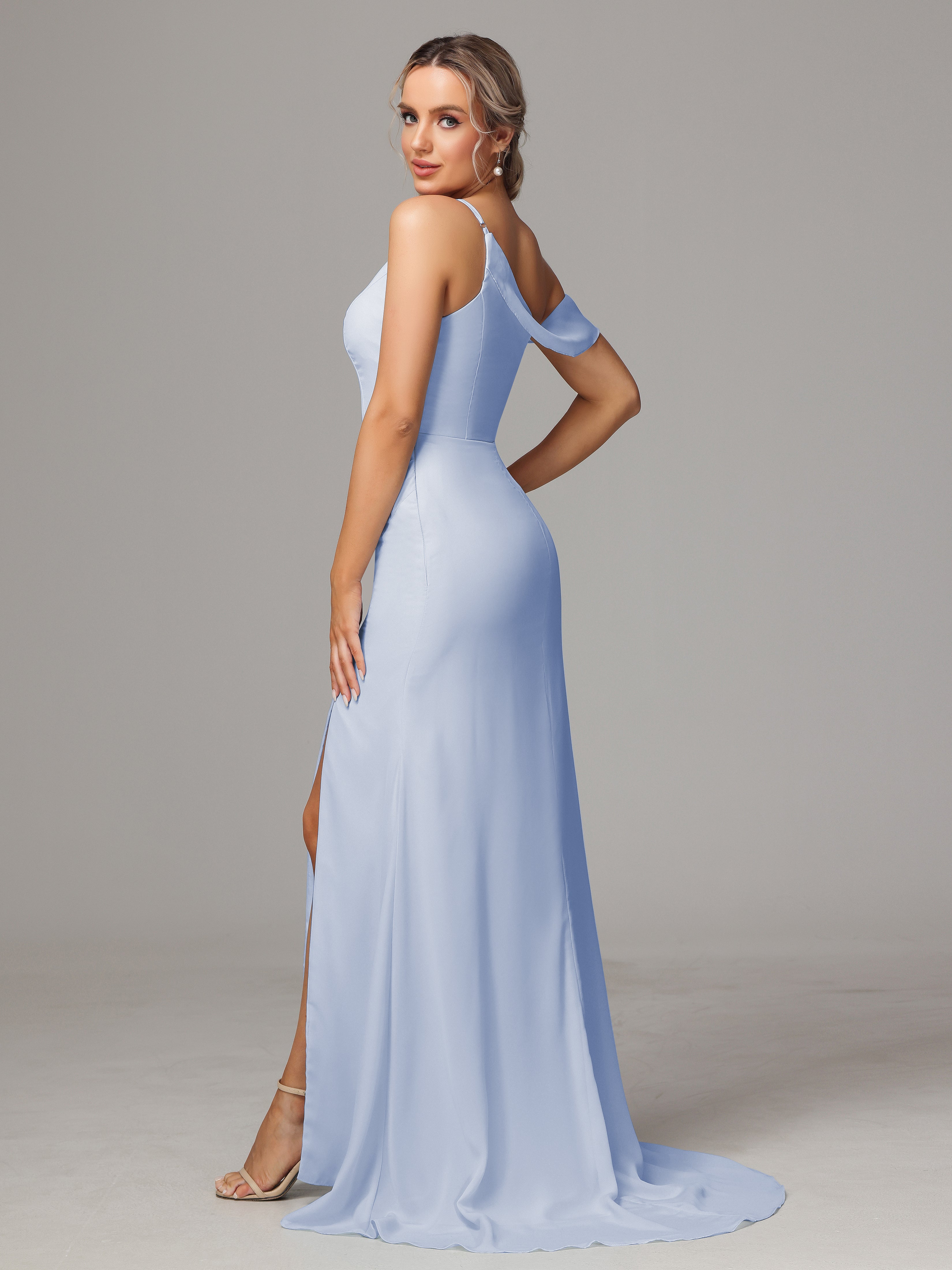 Robe Longue Bleu Ciel Demoiselle D Honneur Seule-Épaule Fendue A-Ligne Mousseline Longue Robes Demoiselle D'Honneur