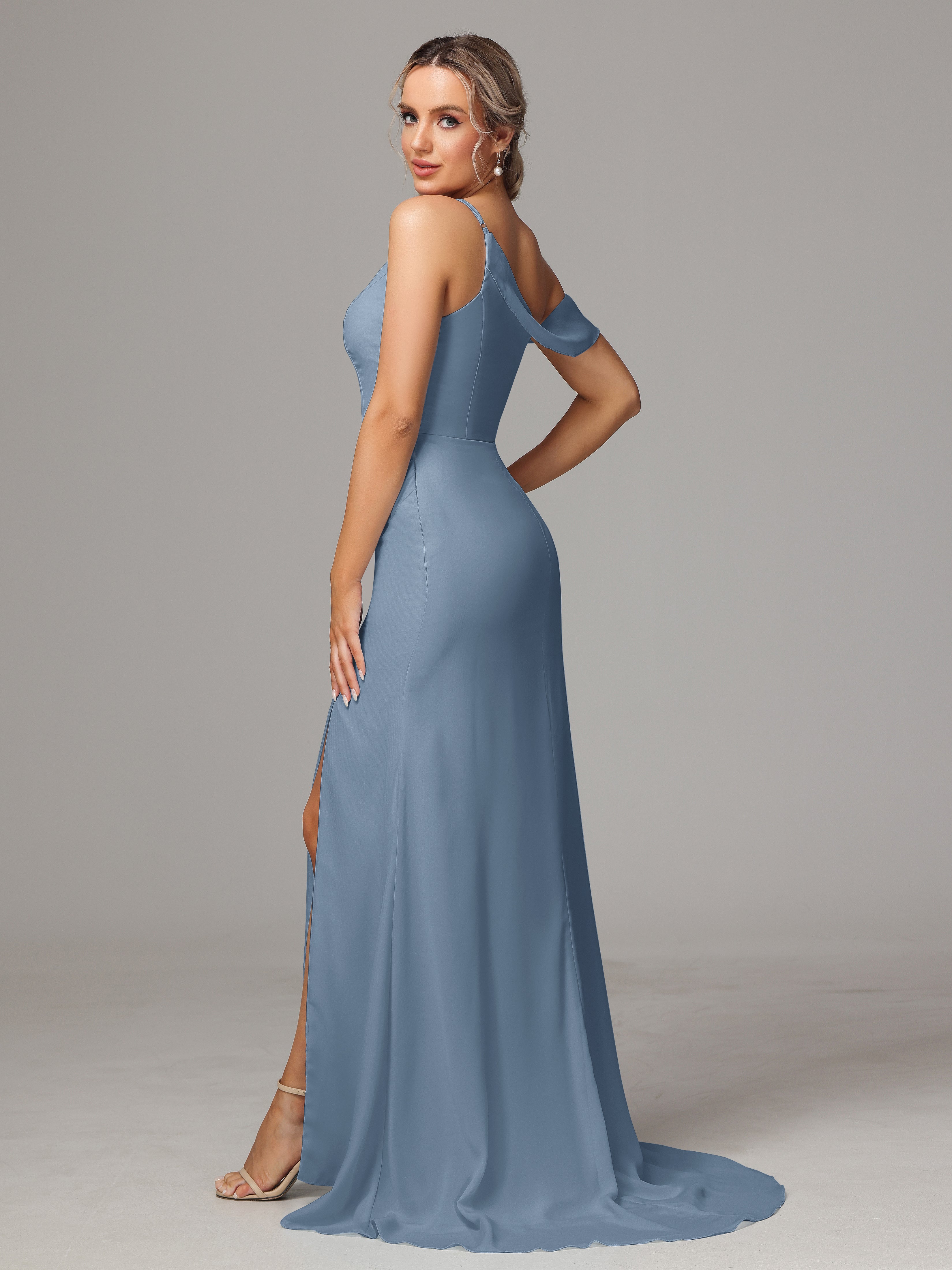Robes De Demoiselle D'Honneur Bleu De Schiste Seule-Épaule Fendue A-Ligne Mousseline Longue Robes Demoiselle D'Honneur