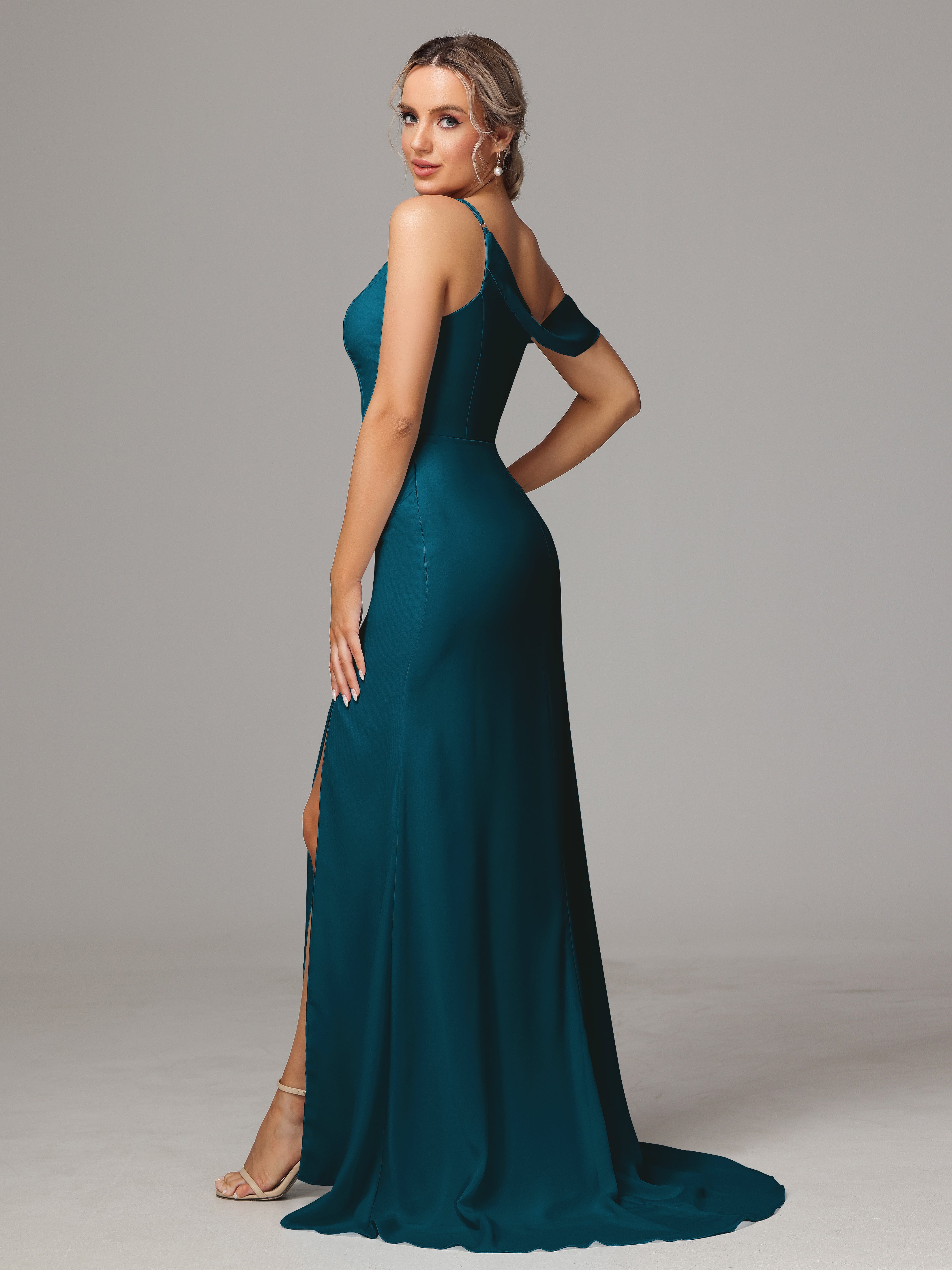 Robes De Demoiselle D'Honneur Bleu Encre Seule-Épaule Fendue A-Ligne Mousseline Longue