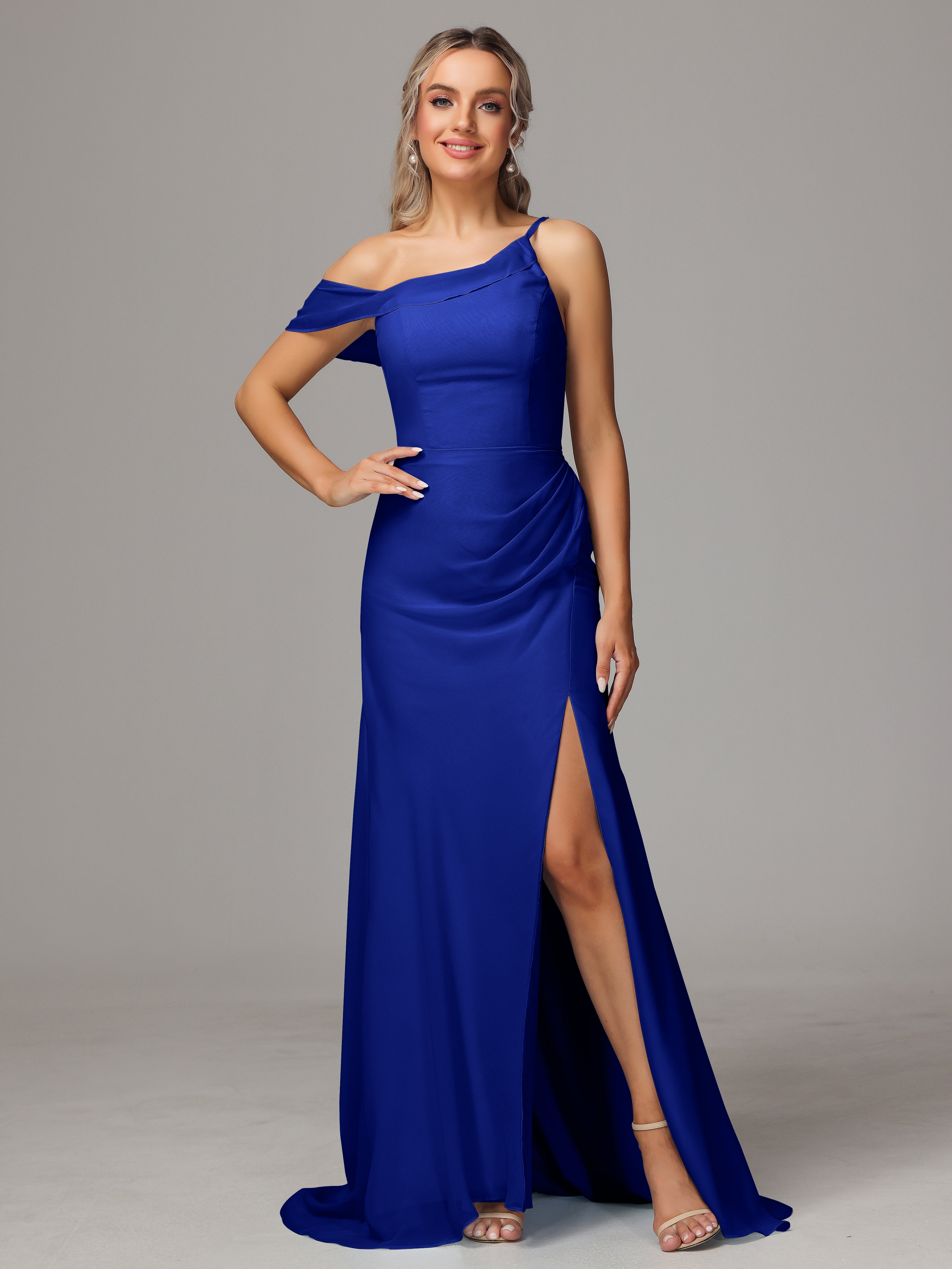 Mariage Robe Demoiselle D Honneur Bleu Roi Seule-Épaule Fendue A-Ligne Mousseline Longue Robes Demoiselle D'Honneur
