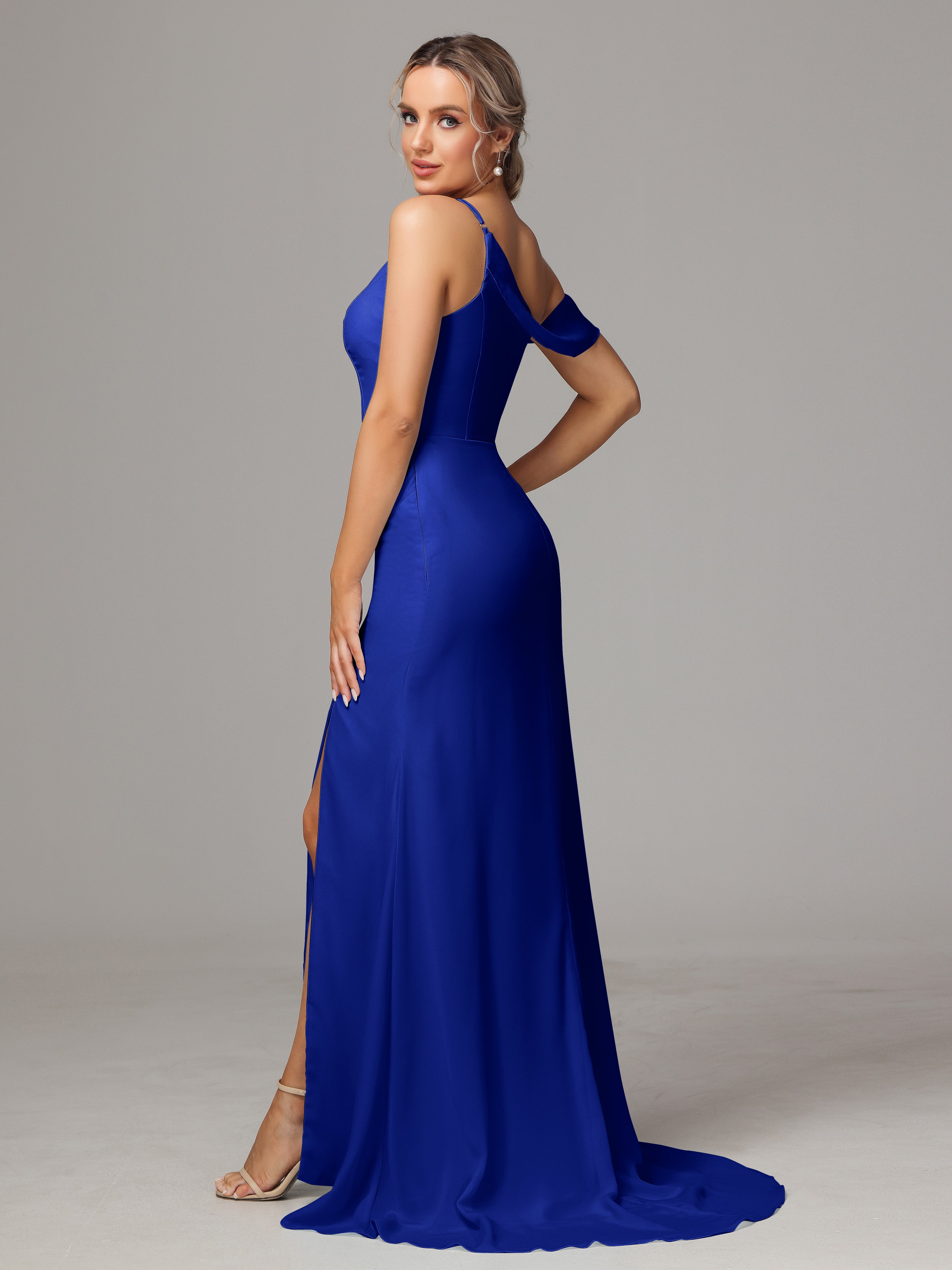 Mariage Robe Demoiselle D Honneur Bleu Roi Seule-Épaule Fendue A-Ligne Mousseline Longue Robes Demoiselle D'Honneur