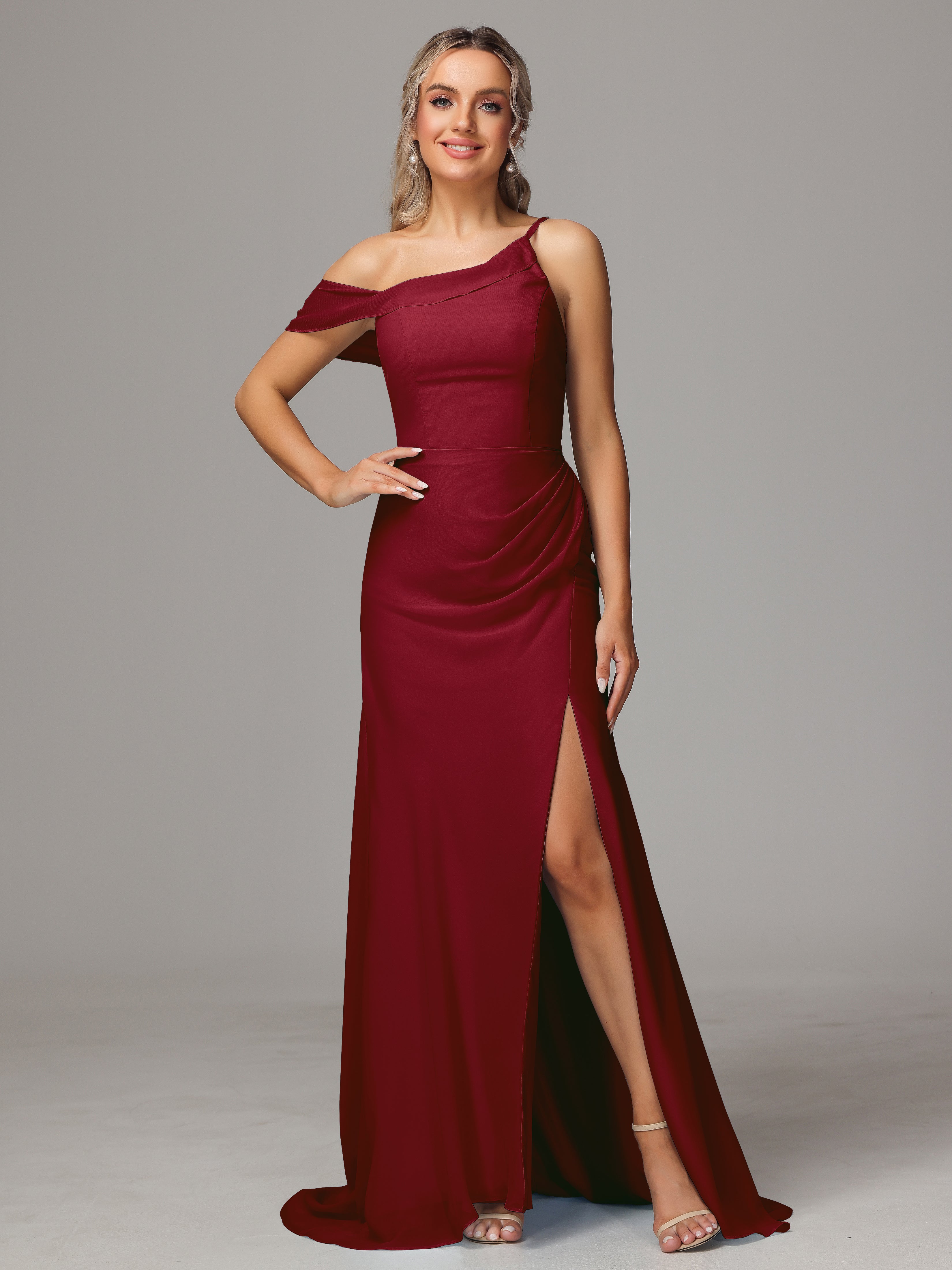 Robe De Demoiselle D Honneur Bordeaux Seule-Épaule Fendue A-Ligne Mousseline Longue Robes Demoiselle D'Honneur