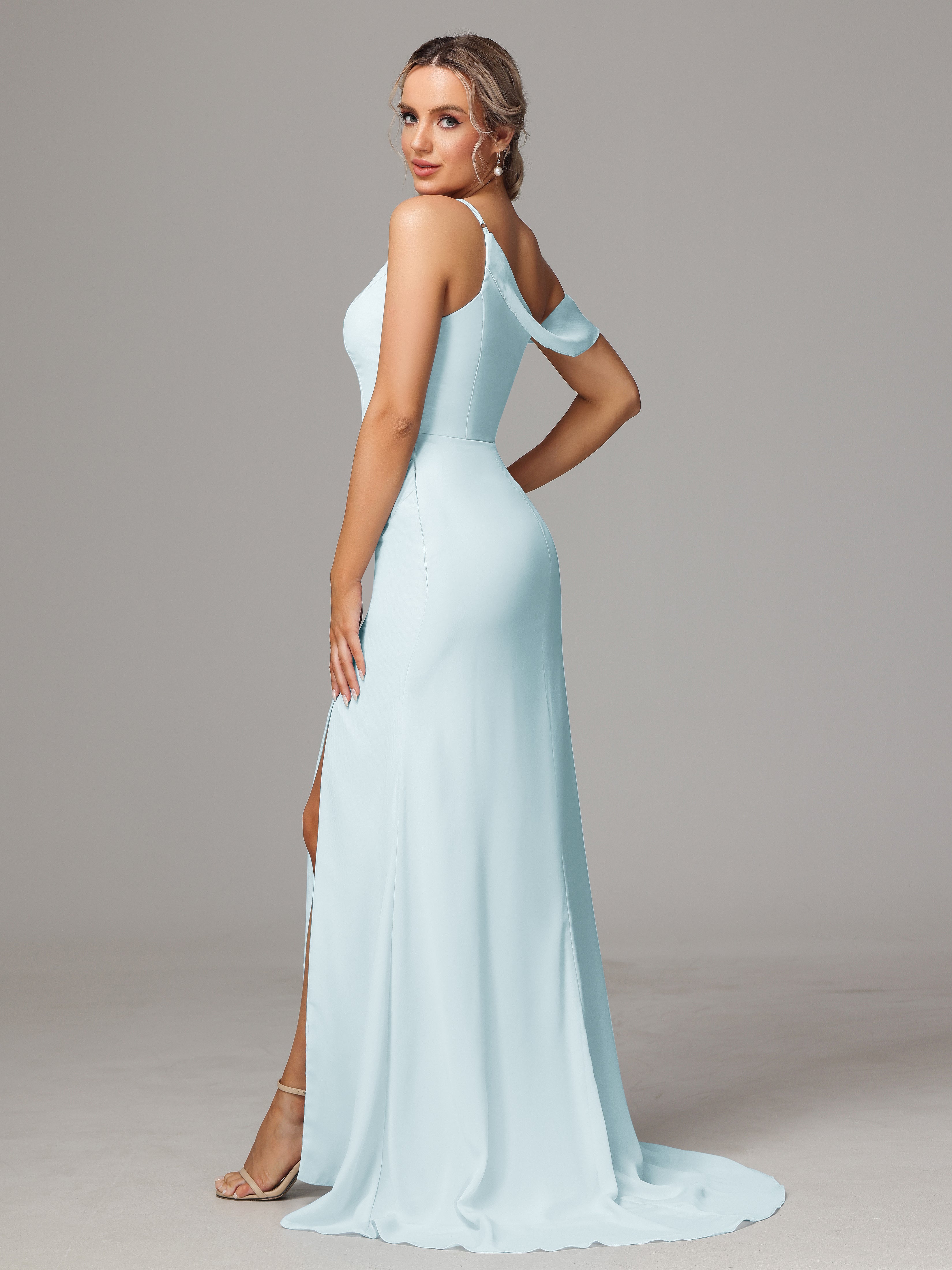 Robe De Demoiselle D'Honneur Brume Seule-Épaule Fendue A-Ligne Mousseline Longue Robes Demoiselle D'Honneur