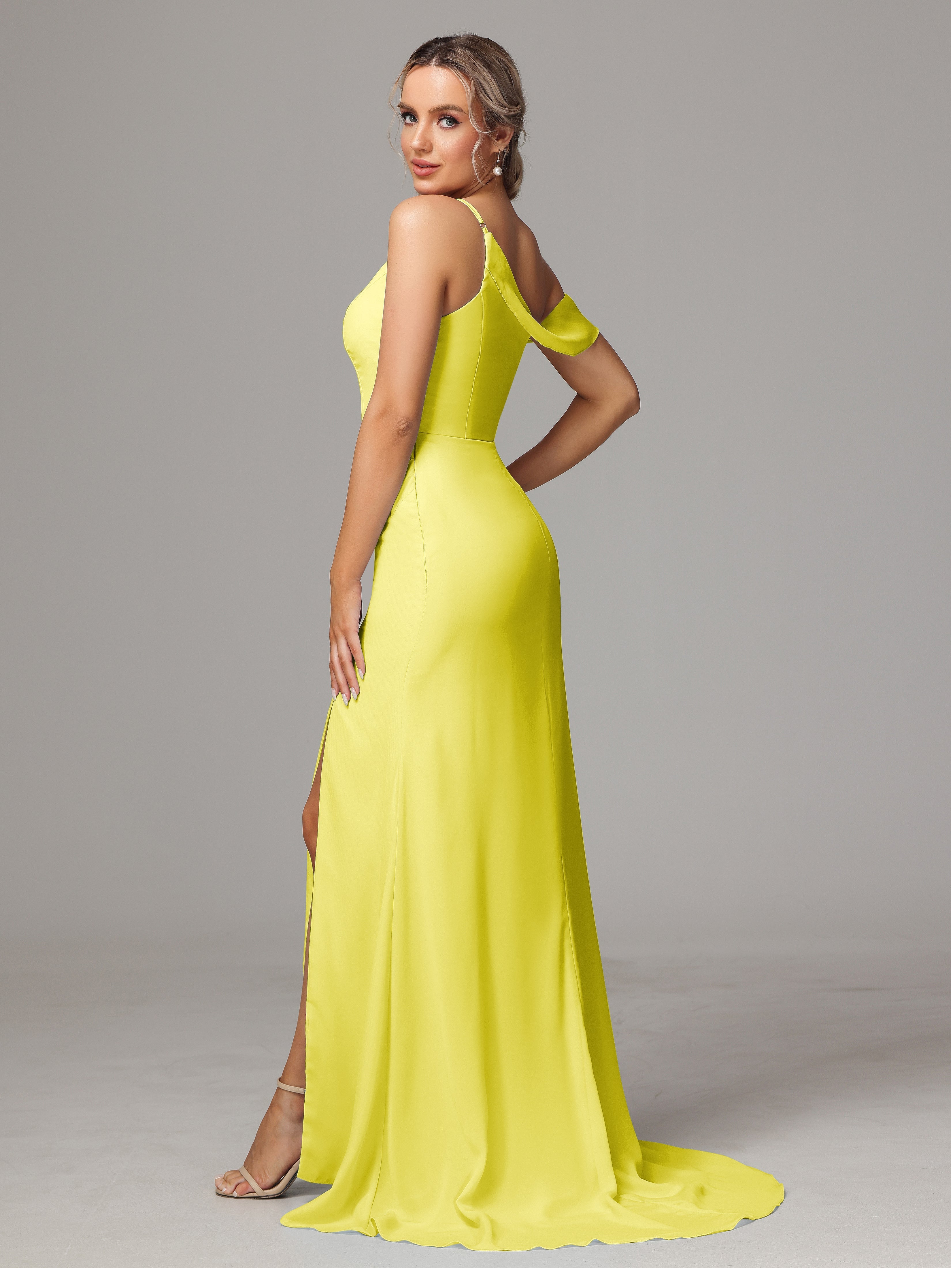 Robes De Demoiselle D'Honneur Citron Seule-Épaule Fendue A-Ligne Mousseline Longue Robes Demoiselle D'Honneur