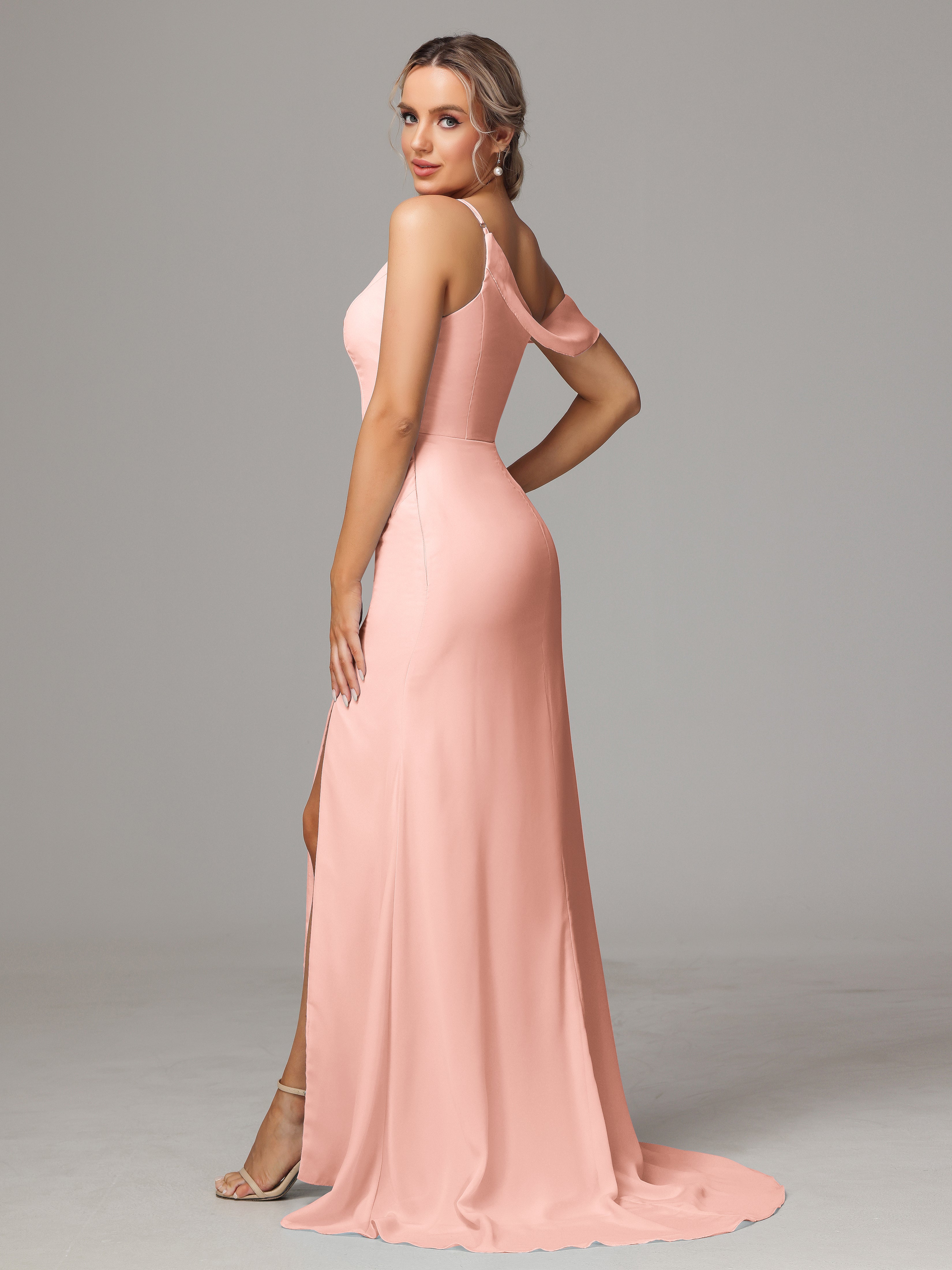 Robes Demoiselle D Honneur Corail Seule-Épaule Fendue A-Ligne Mousseline Longue Robes Demoiselle D'Honneur