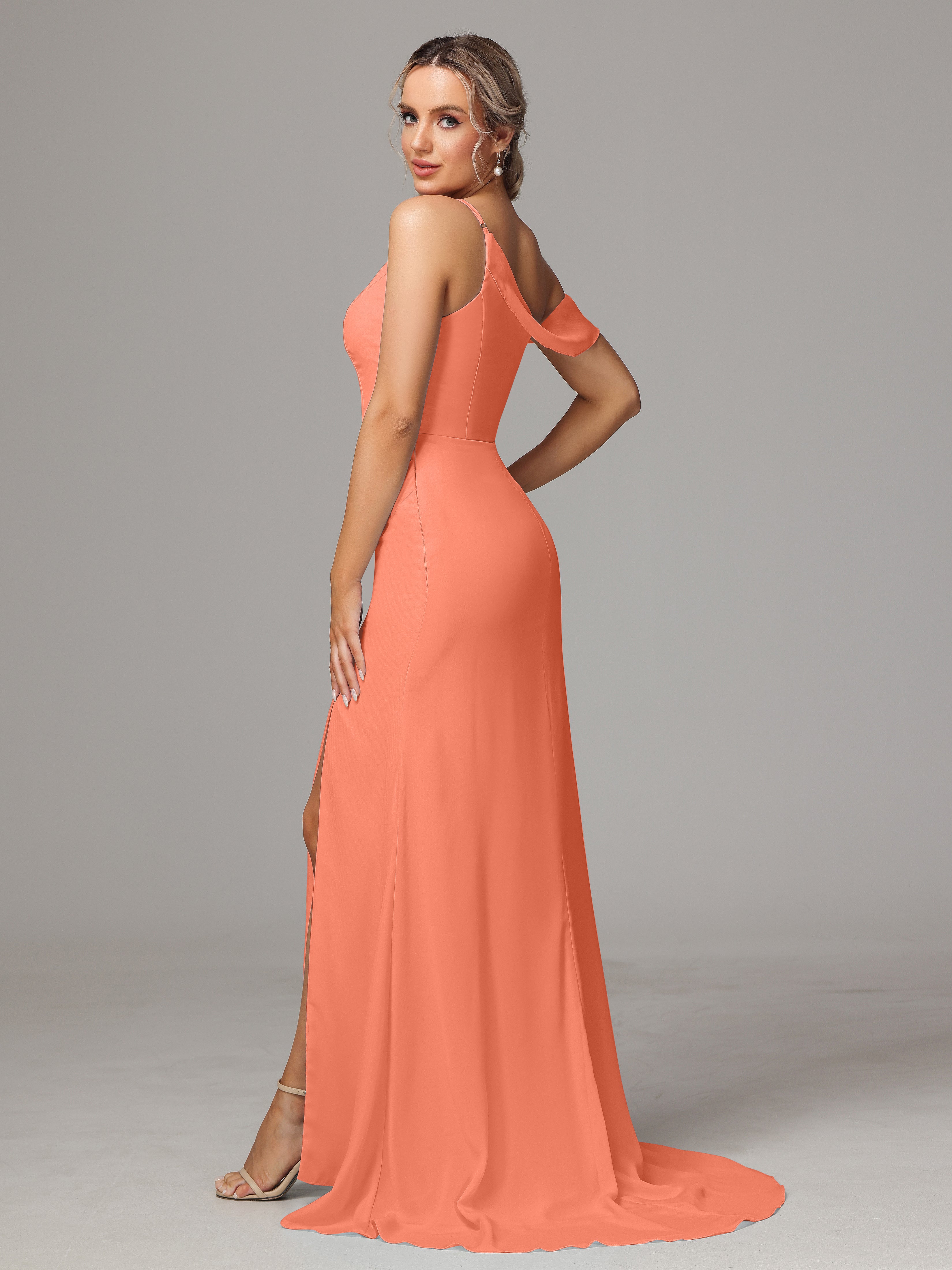 Robes De Demoiselle D'Honneur Coucher De Soleil Seule-Épaule Fendue A-Ligne Mousseline Longue Robes Demoiselle D'Honneur