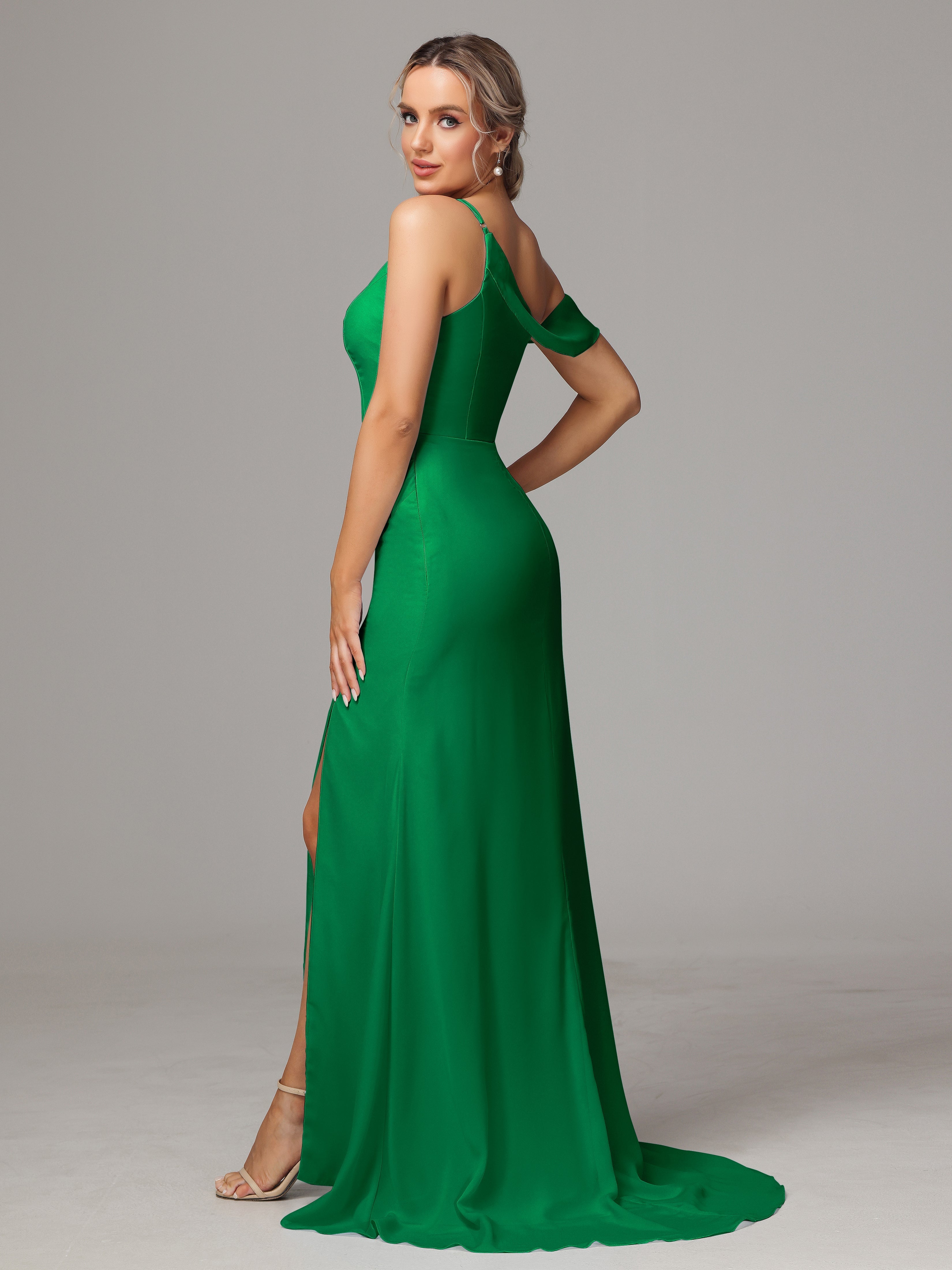 Wedding Party Robe Vert Emeraude Demoiselle D Honneur Seule-Épaule Fendue A-Ligne Mousseline Longue Robes Demoiselle D'Honneur