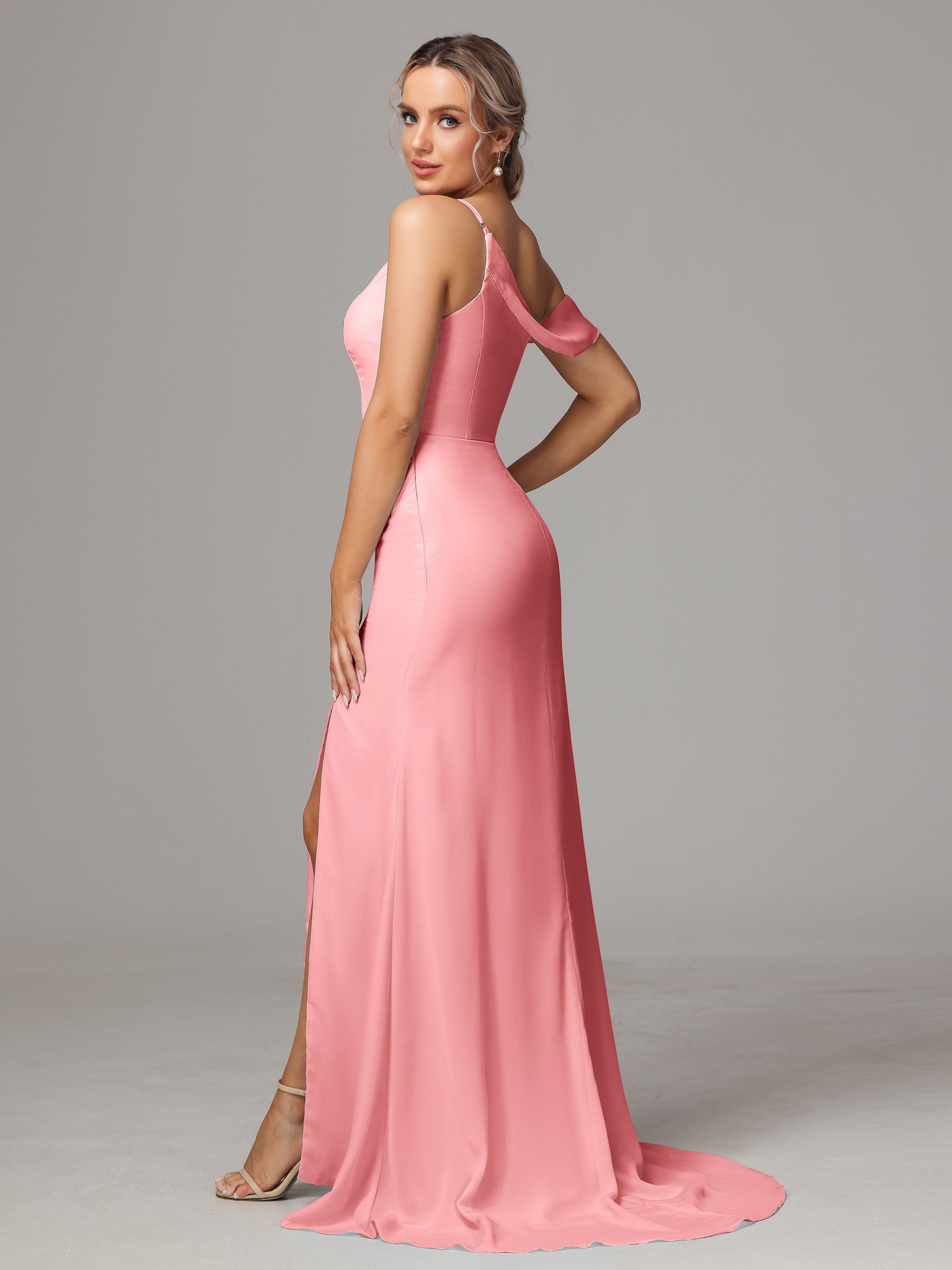 Robes De Demoiselle D'Honneur Flamant Seule-Épaule Fendue A-Ligne Mousseline Longue Robes Demoiselle D'Honneur