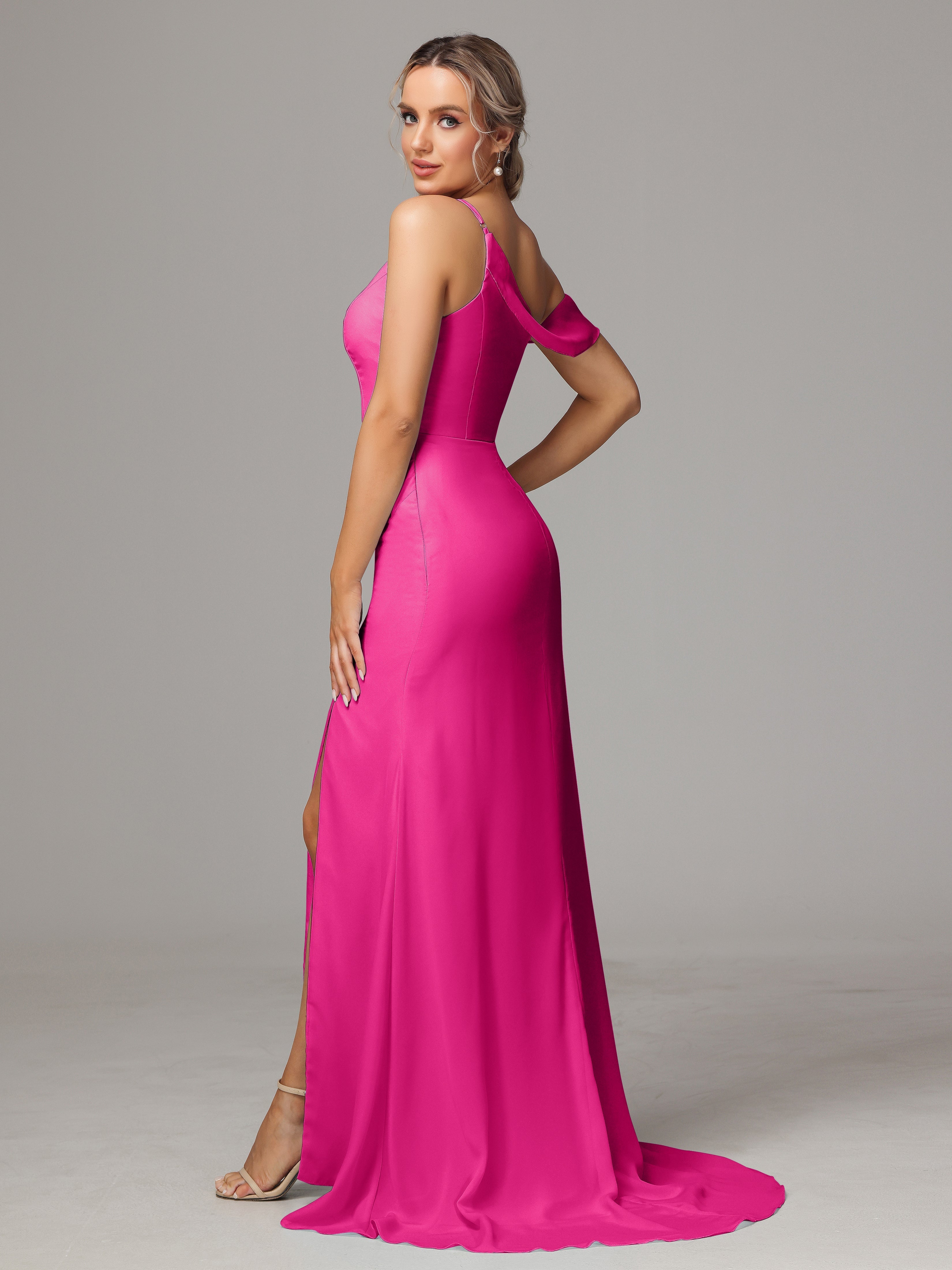 Robes De Demoiselle D'Honneur Rose Fuchsia Seule-Épaule Fendue A-Ligne Mousseline Longue Robes Demoiselle D'Honneur