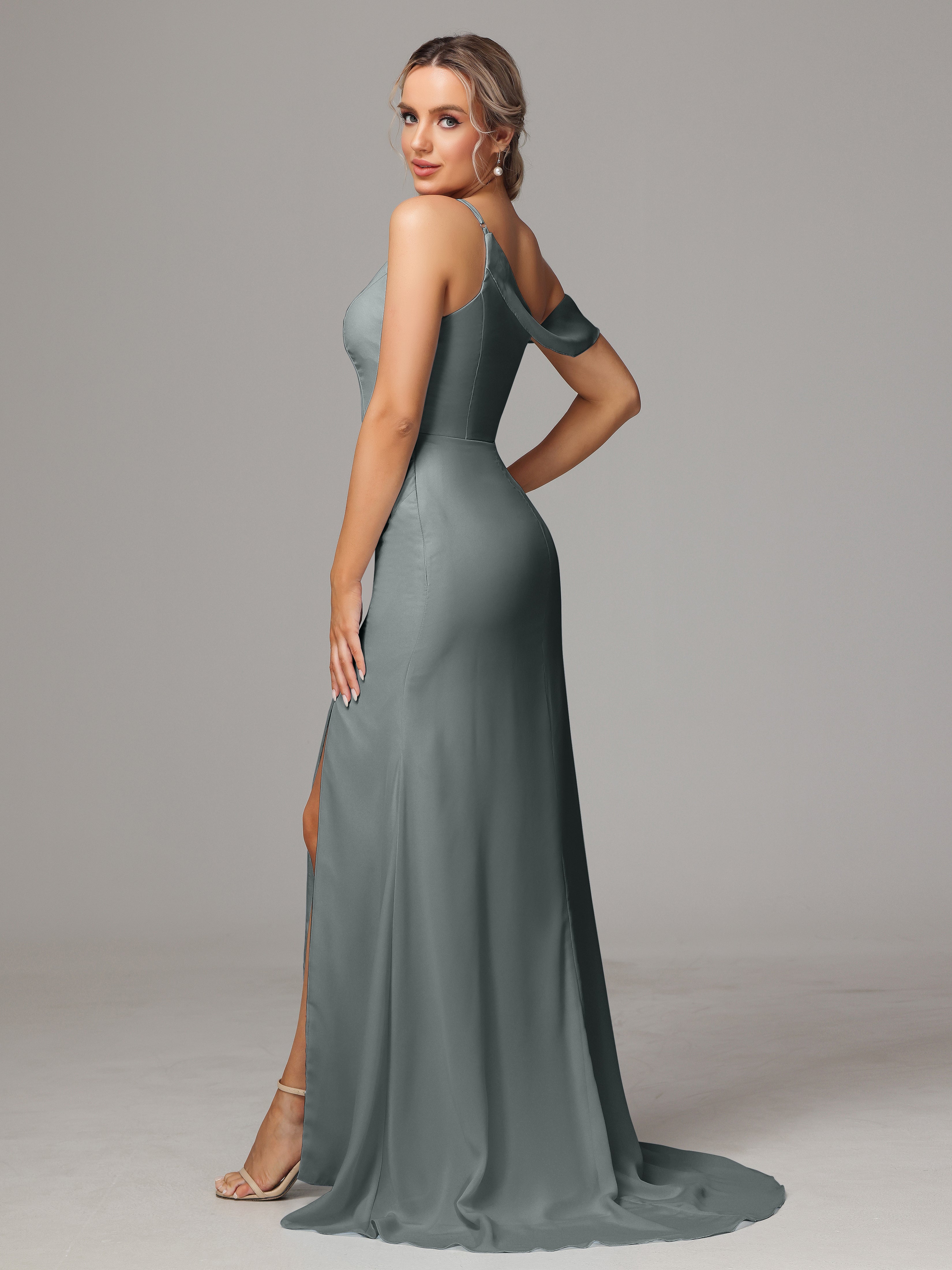 Demoiselle D Honneur Gris Seule-Épaule Fendue A-Ligne Mousseline Longue Robes Demoiselle D'Honneur