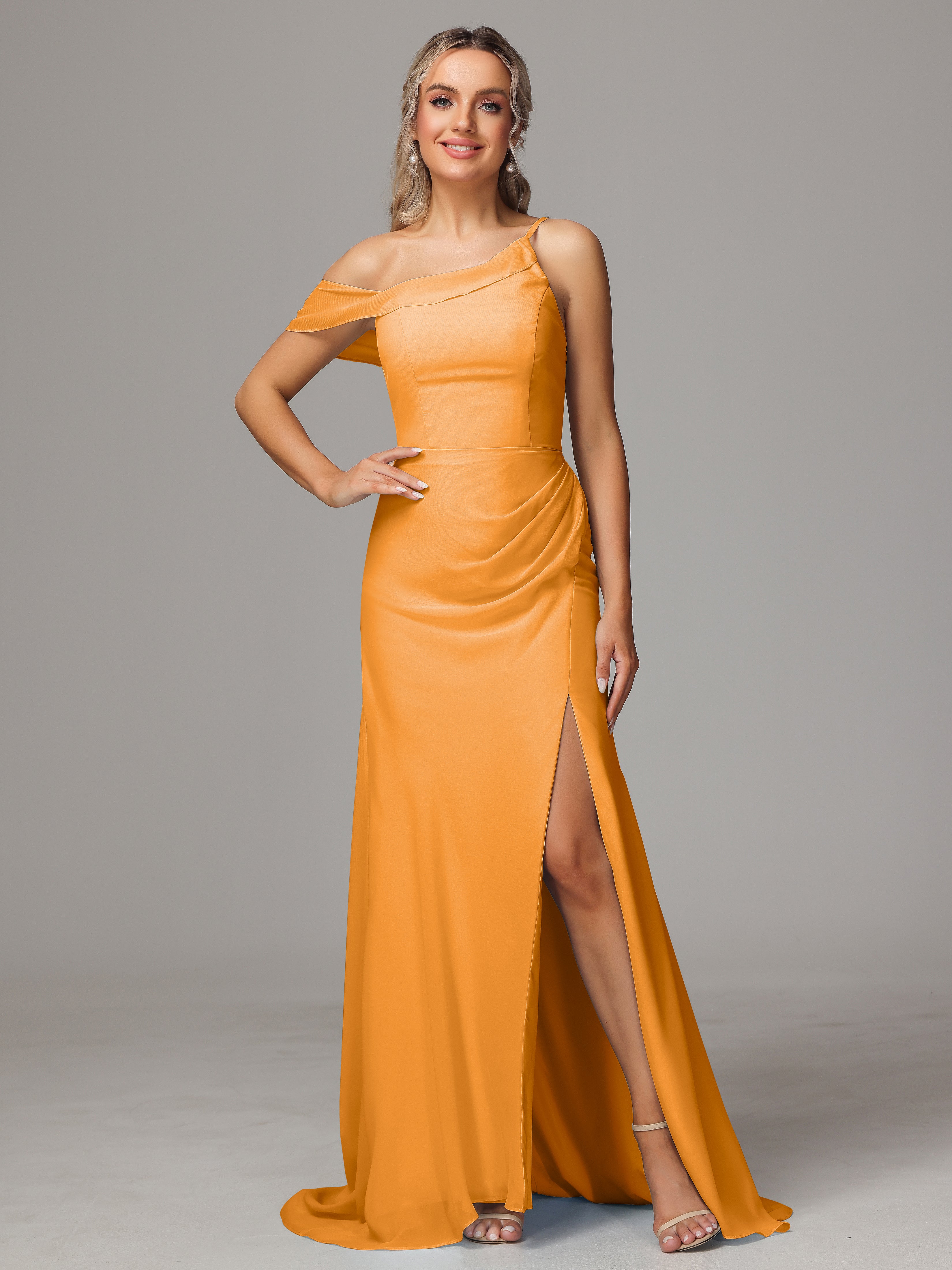 Robes De Demoiselle D'Honneur Mandarine Seule-Épaule Fendue A-Ligne Mousseline Longue Robes Demoiselle D'Honneur