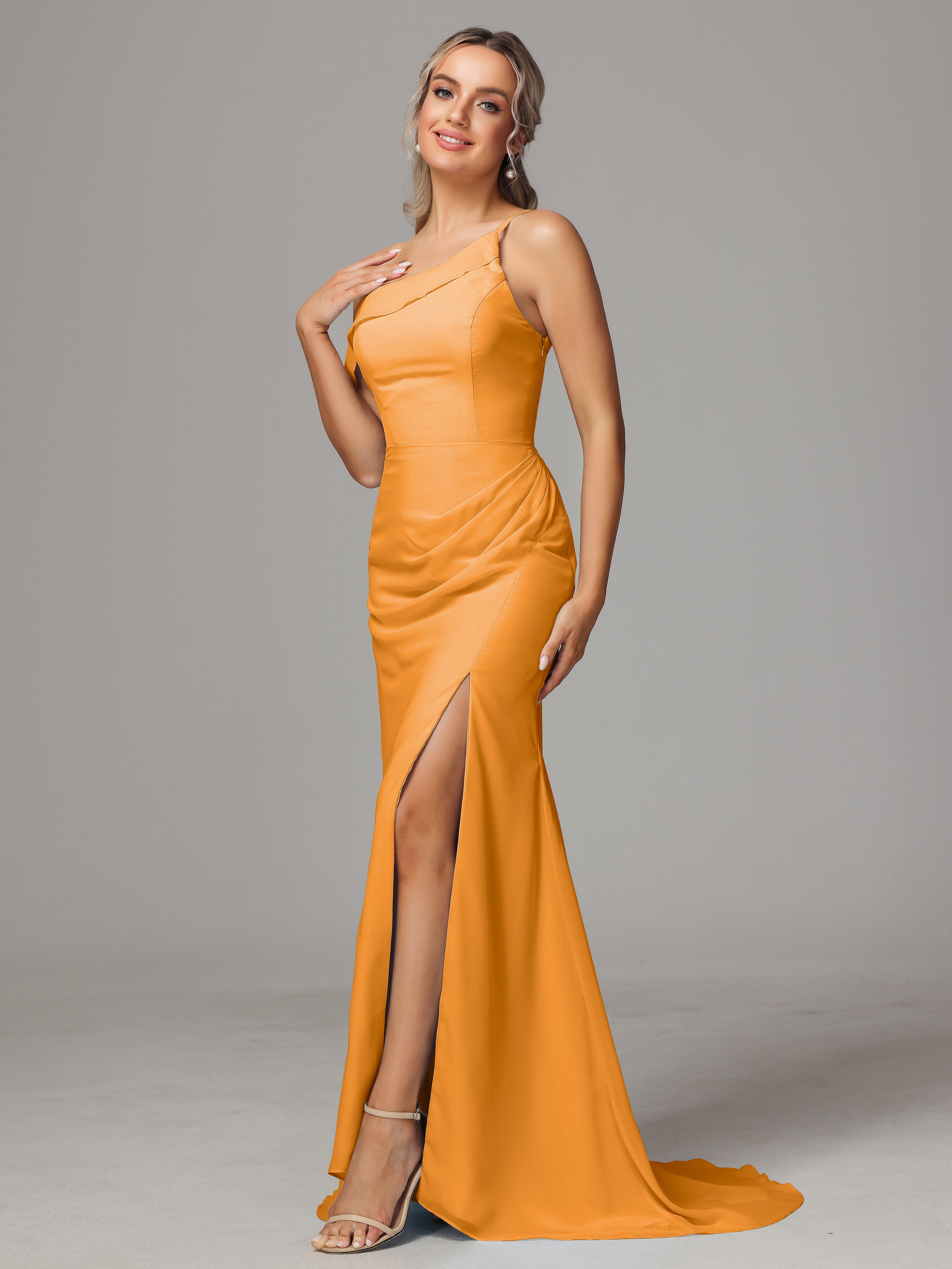 Robes De Demoiselle D'Honneur Mandarine Seule-Épaule Fendue A-Ligne Mousseline Longue Robes Demoiselle D'Honneur