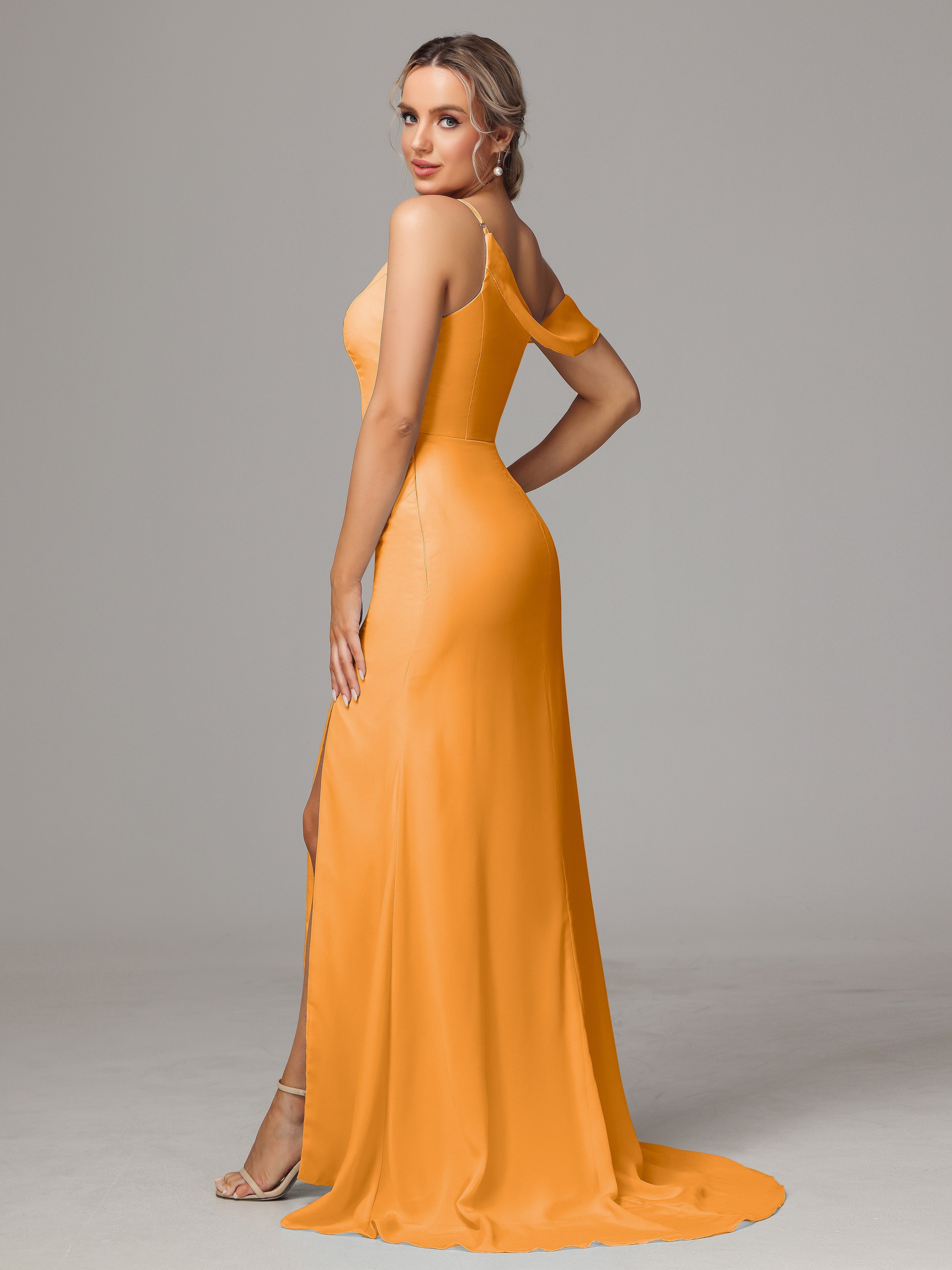 Robes De Demoiselle D'Honneur Mandarine Seule-Épaule Fendue A-Ligne Mousseline Longue Robes Demoiselle D'Honneur