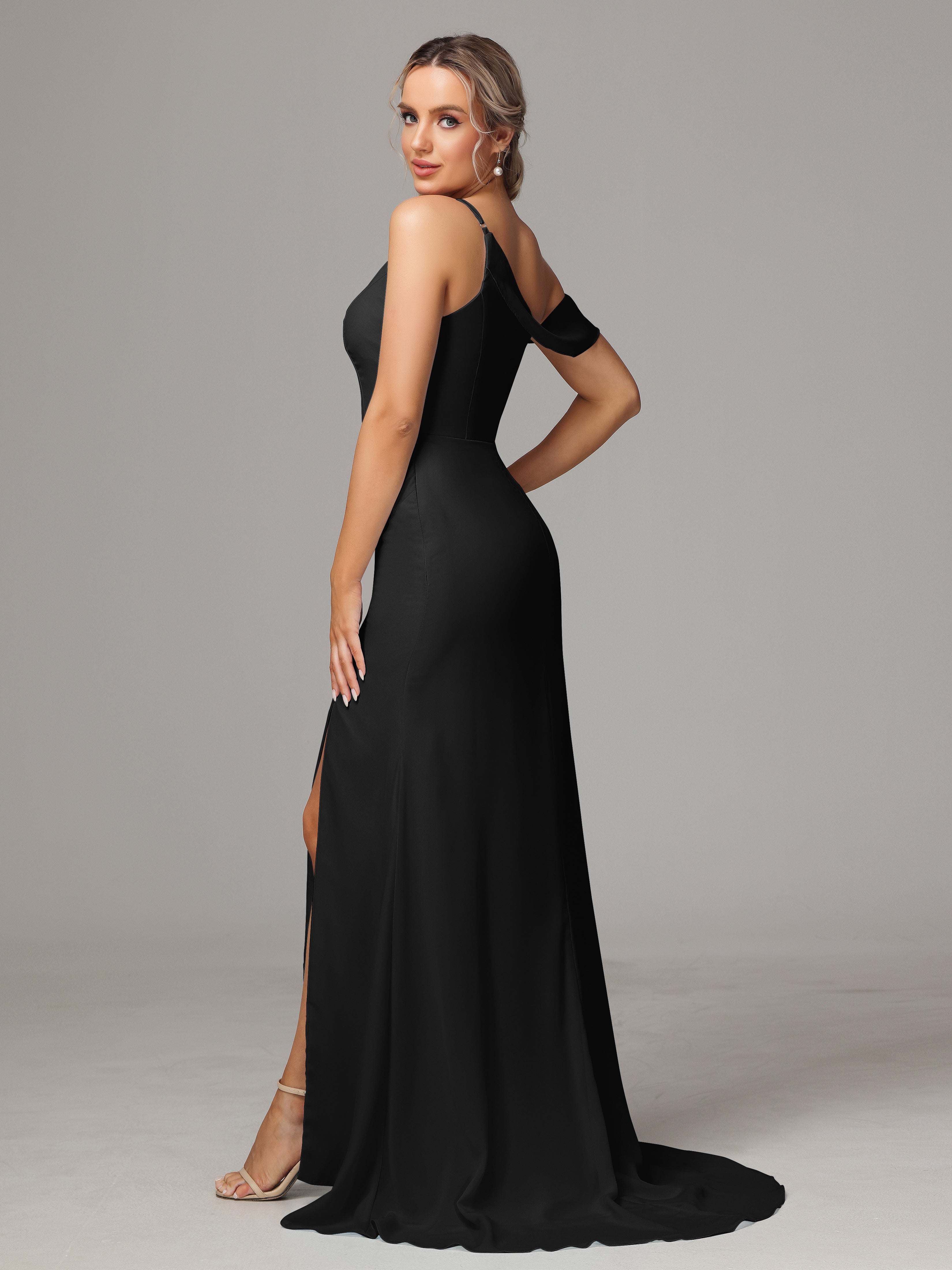 Demoiselle D Honneur Robe Noire Seule-Épaule Fendue A-Ligne Mousseline Longue