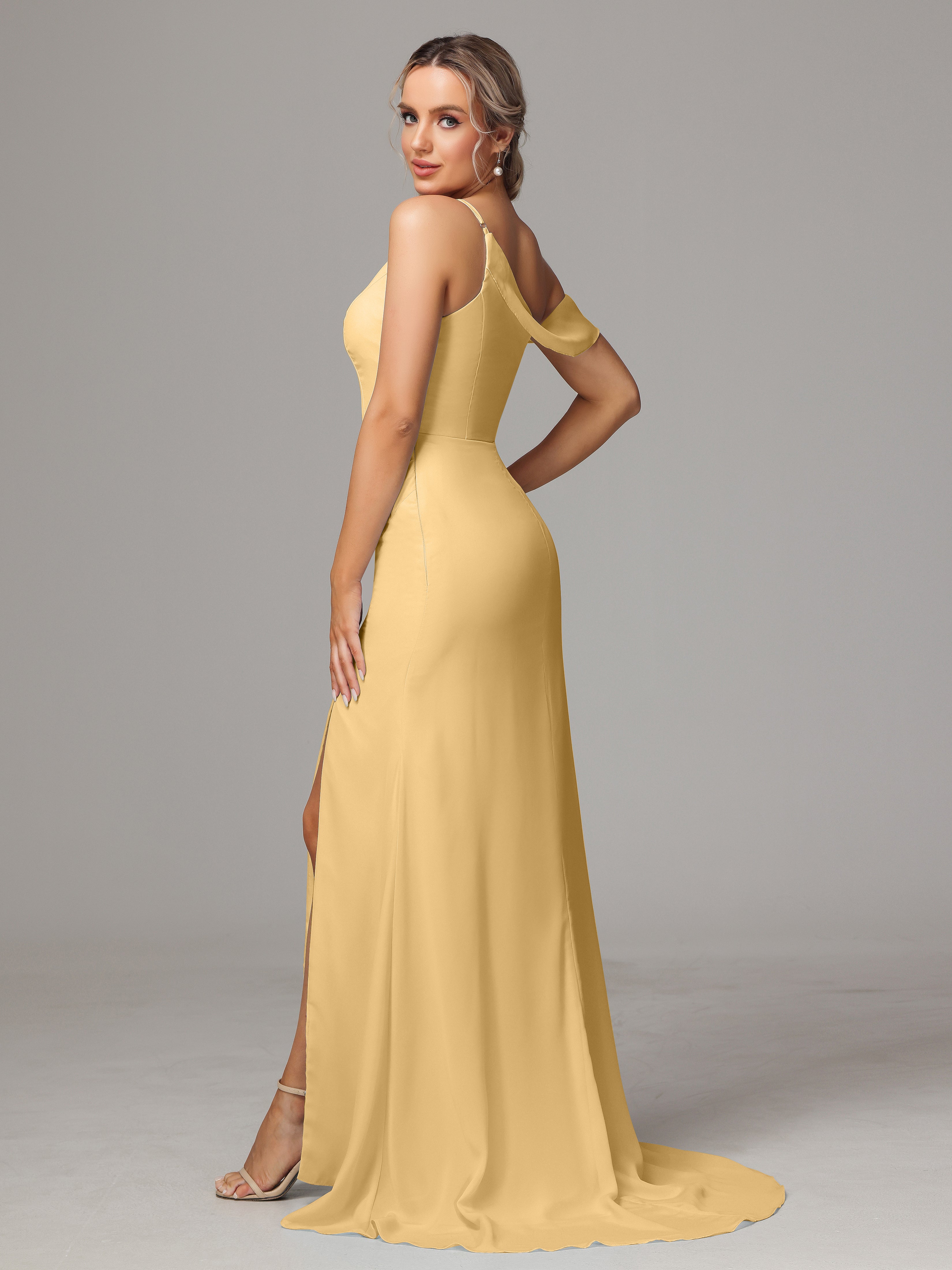 Robe Demoiselle D Honneur Or Seule-Épaule Fendue A-Ligne Mousseline Longue