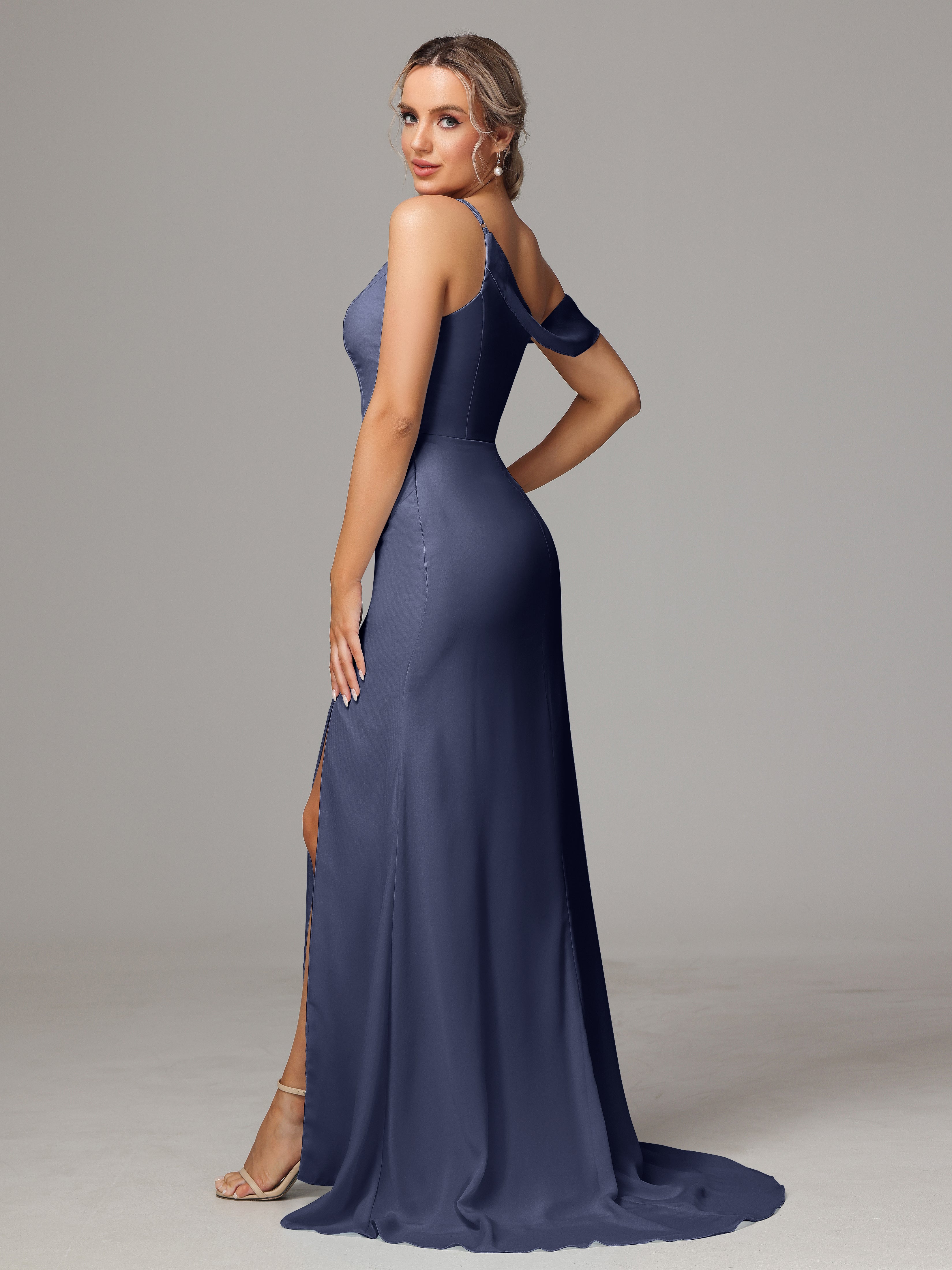 Robes De Demoiselle D'Honneur Bleu Orageux Seule-Épaule Fendue A-Ligne Mousseline Longue