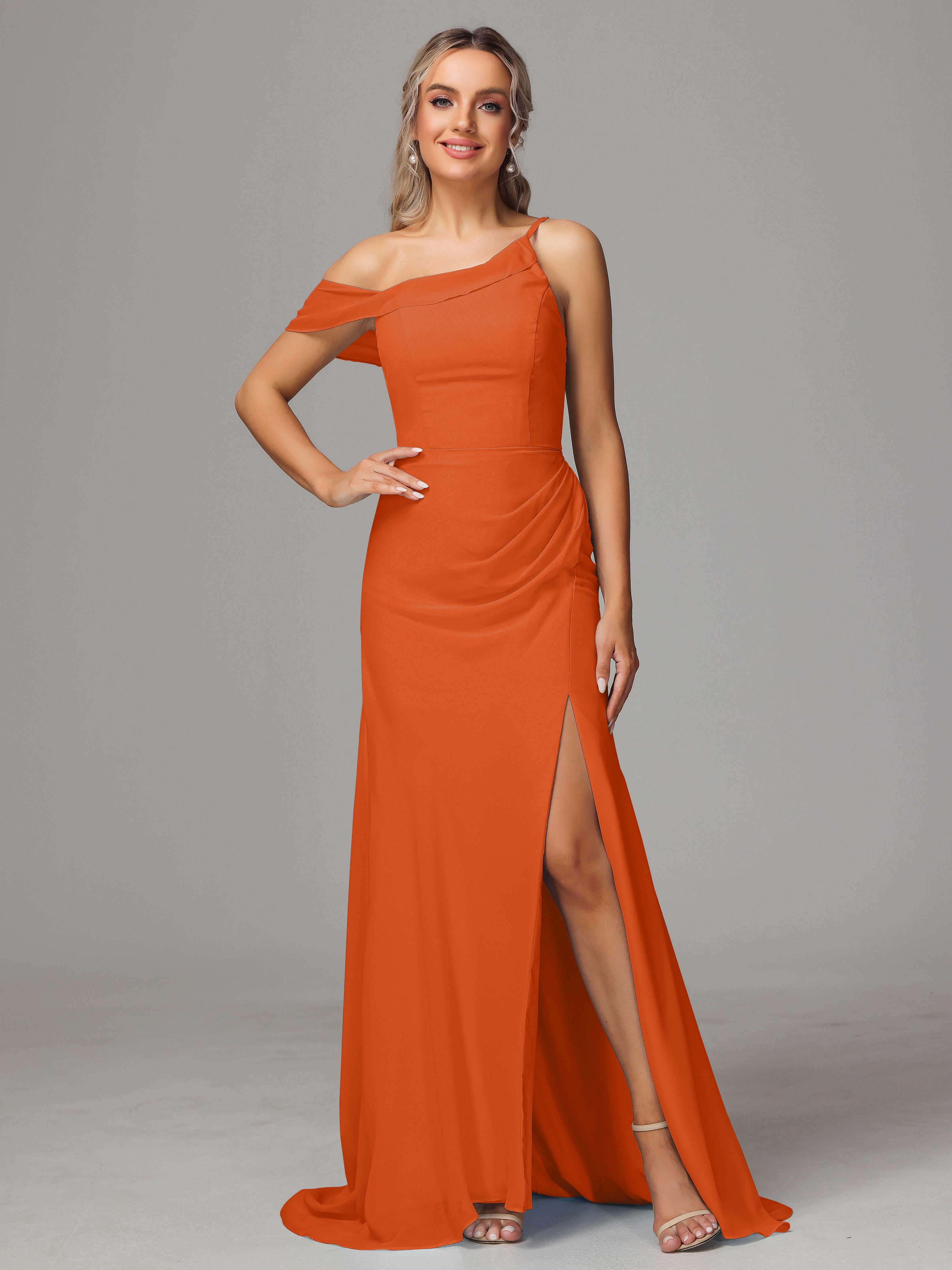 Robes De Demoiselle D'Honneur Orange Foncé Seule-Épaule Fendue Trapèze Mousseline Longue Robes Demoiselle D'Honneur