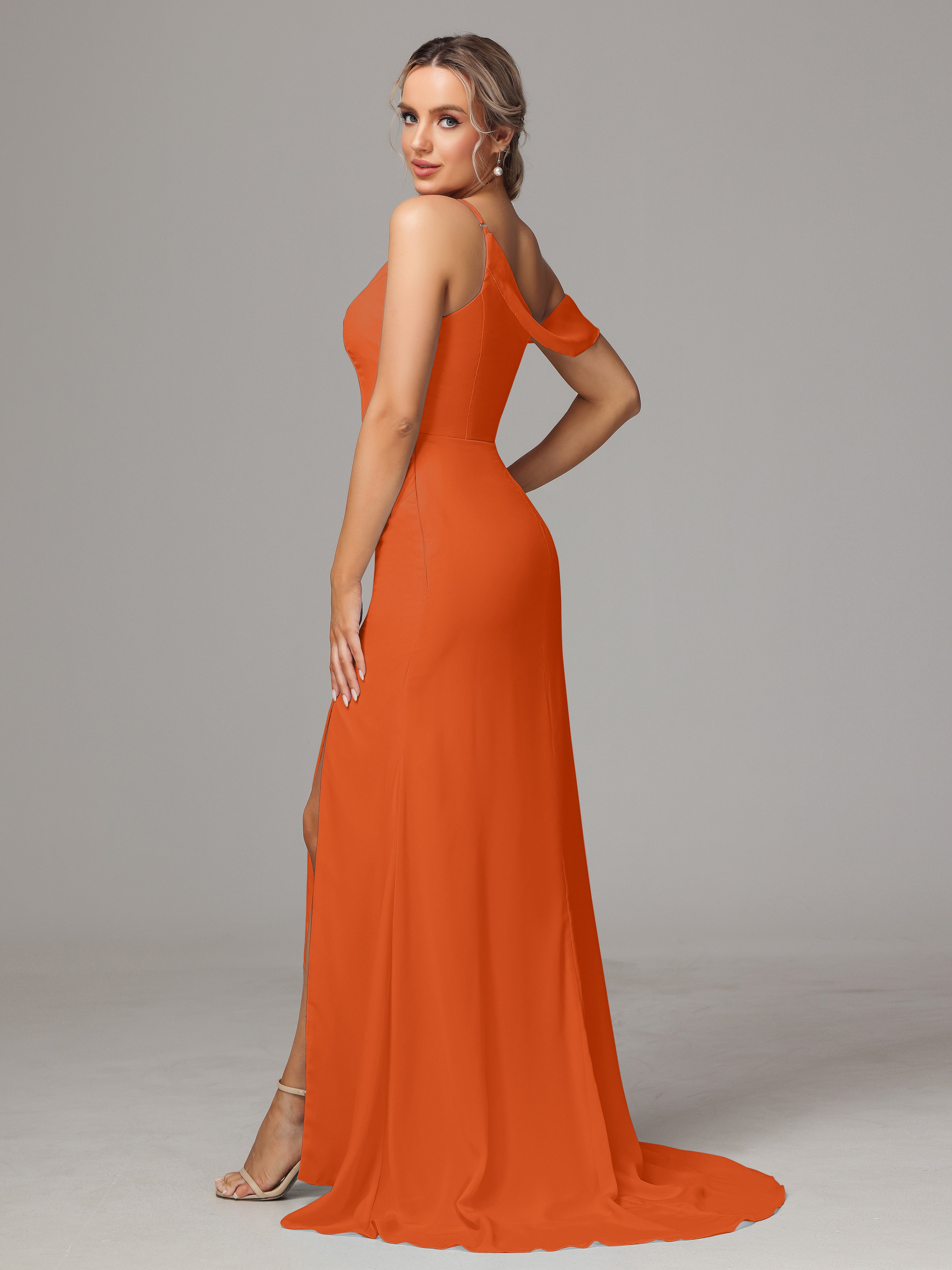 Robes De Demoiselle D'Honneur Orange Foncé Seule-Épaule Fendue Trapèze Mousseline Longue Robes Demoiselle D'Honneur