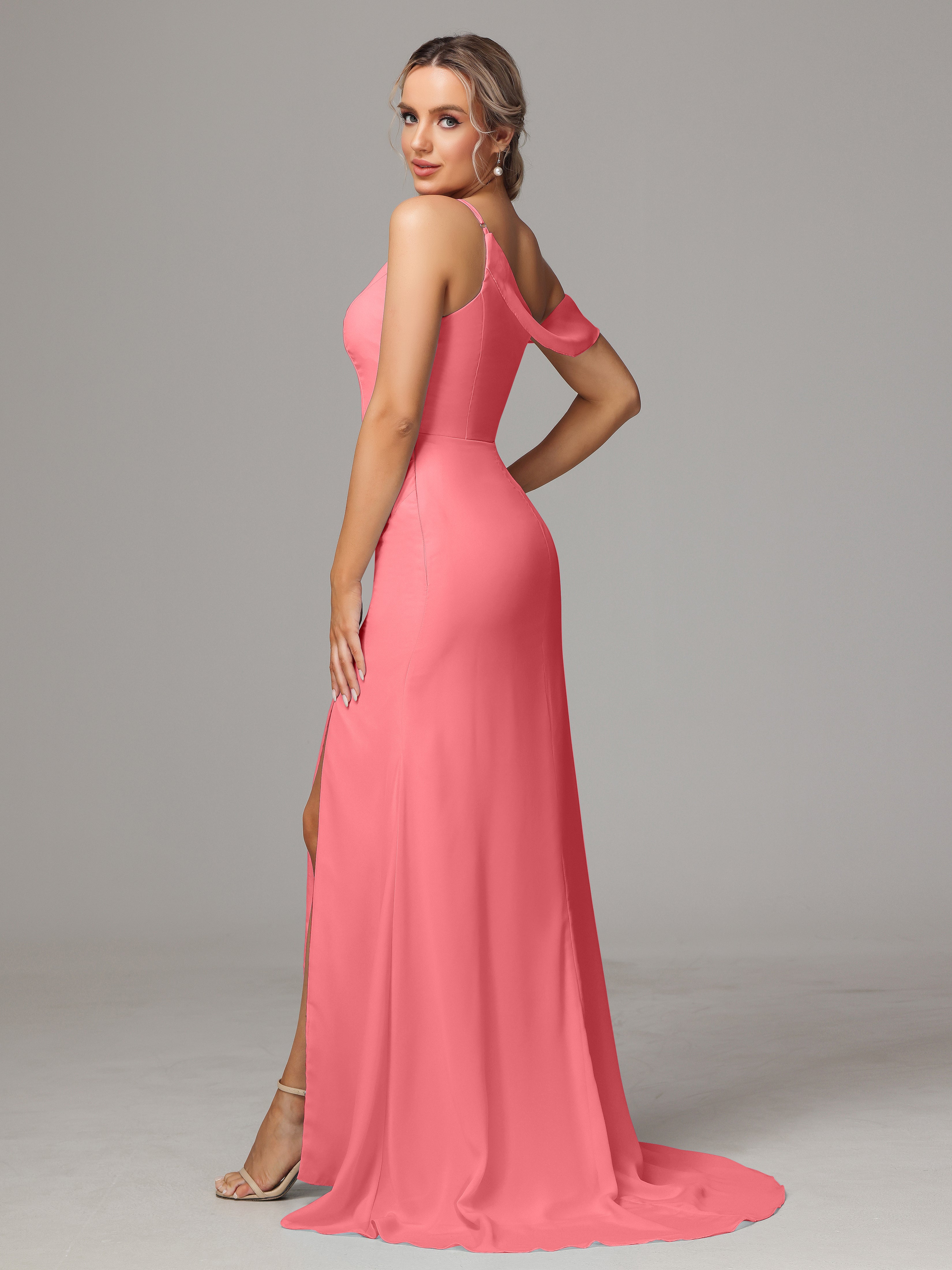 Robes De Demoiselle D'Honneur Pastèque Seule-Épaule Fendue A-Ligne Mousseline Longue