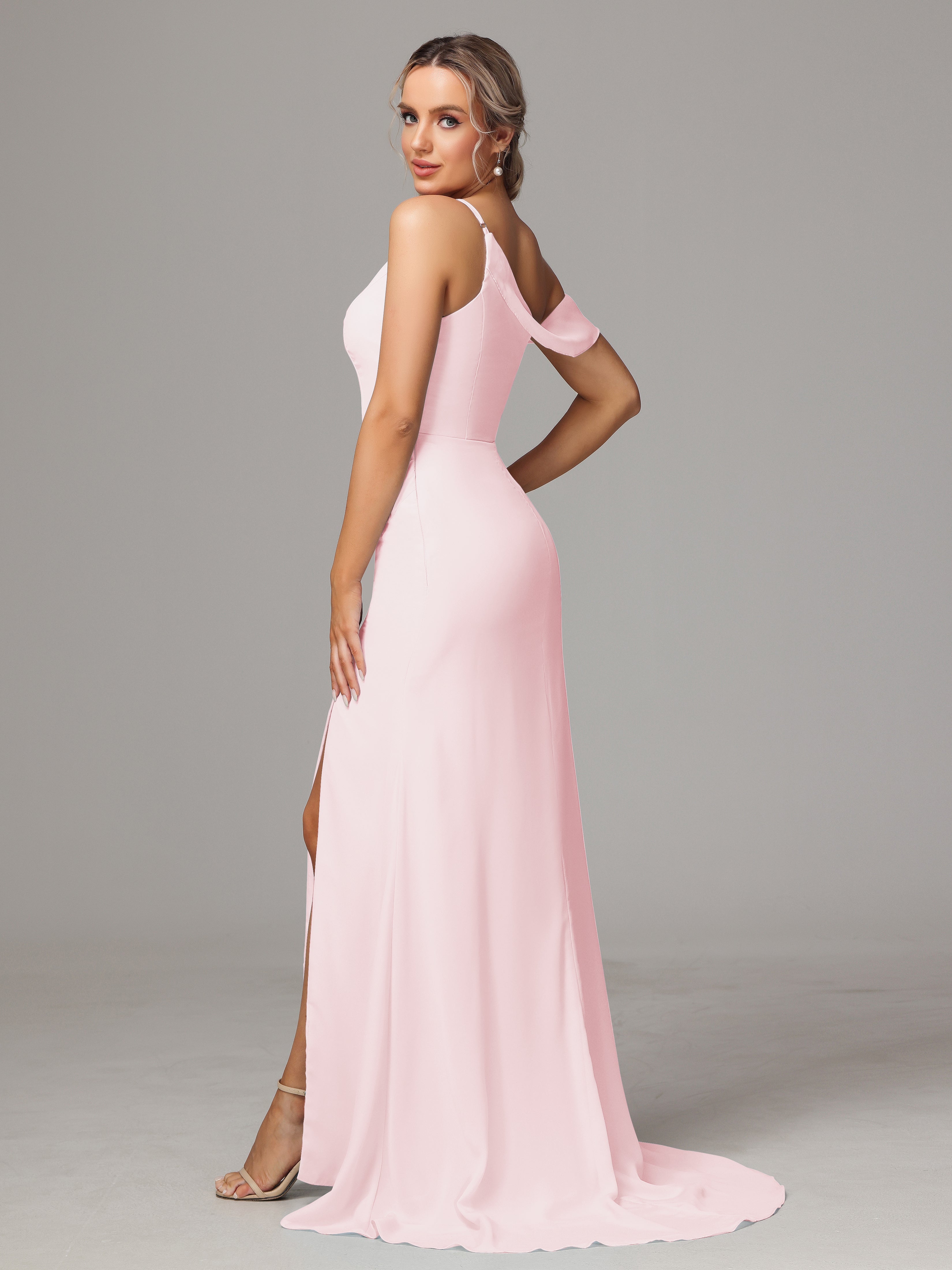 Robe Longue Mousseline Rose Pale Seule-Épaule Fendue A-Ligne Mousseline Longue