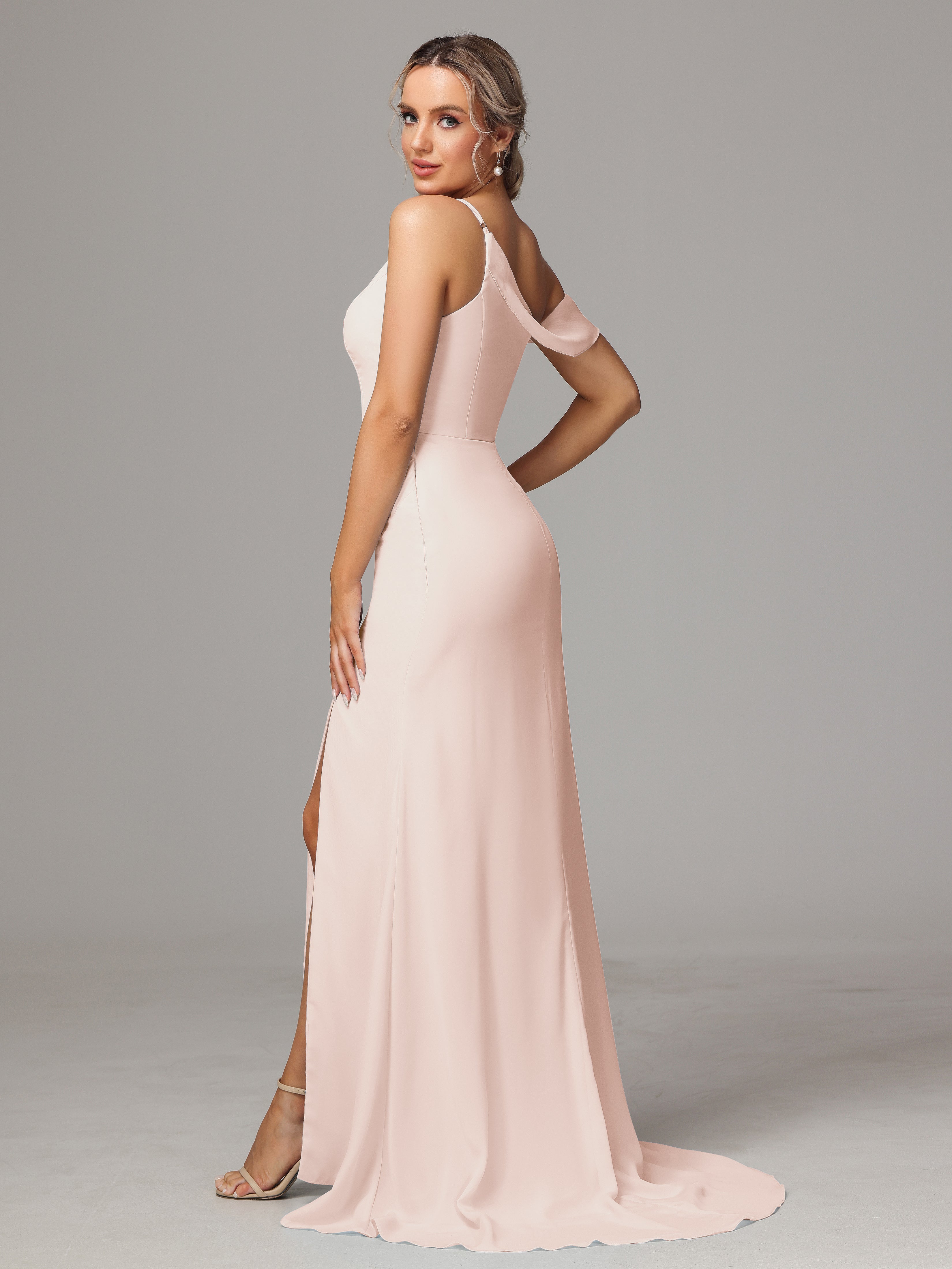 Robe Demoiselle D Honneur Rose Perle Seule-Épaule Fendue A-Ligne Mousseline Longue
