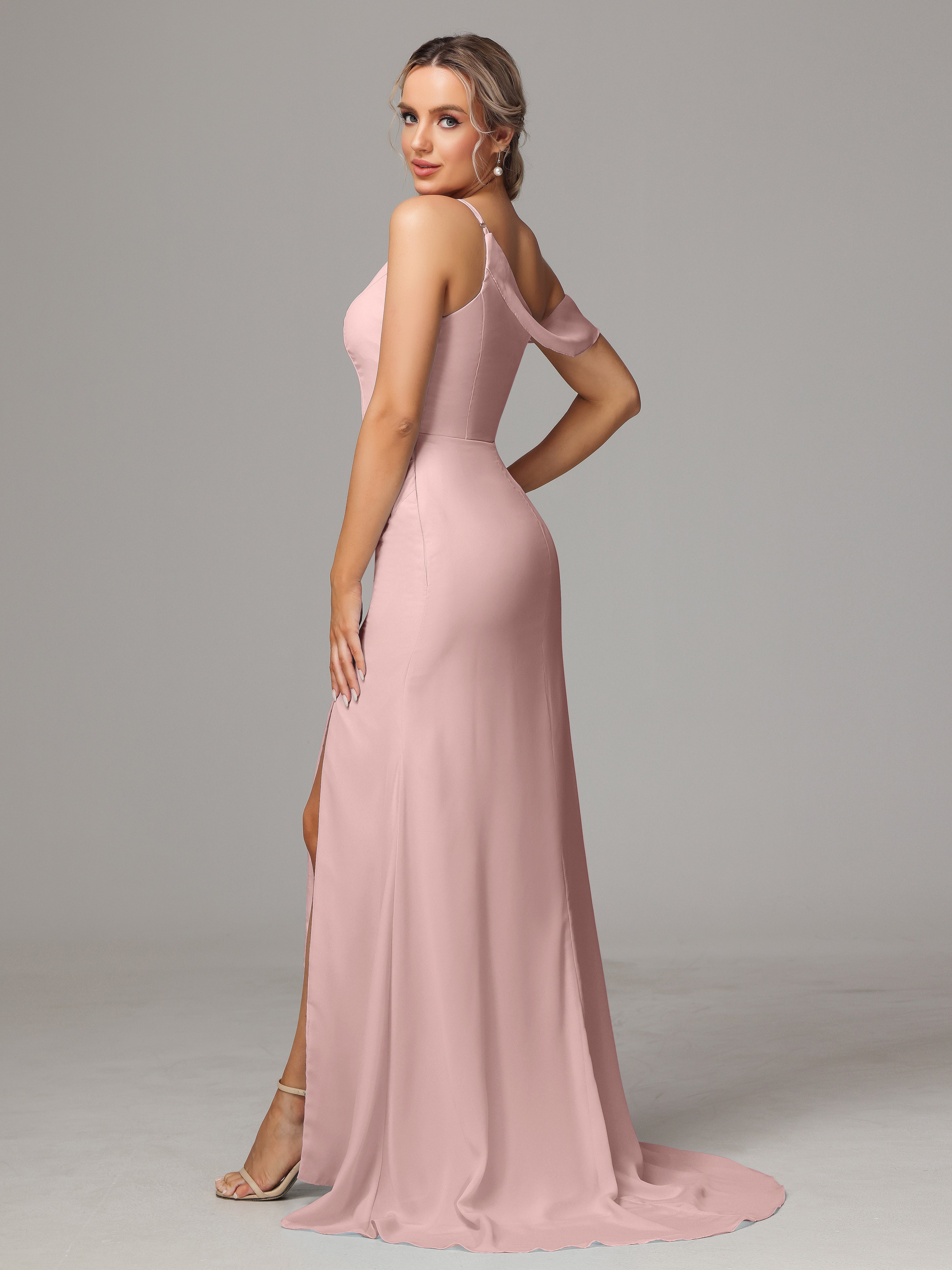 Robe Rose Poudré Demoiselle D Honneur Seule-Épaule Fendue A-Ligne Mousseline Longue