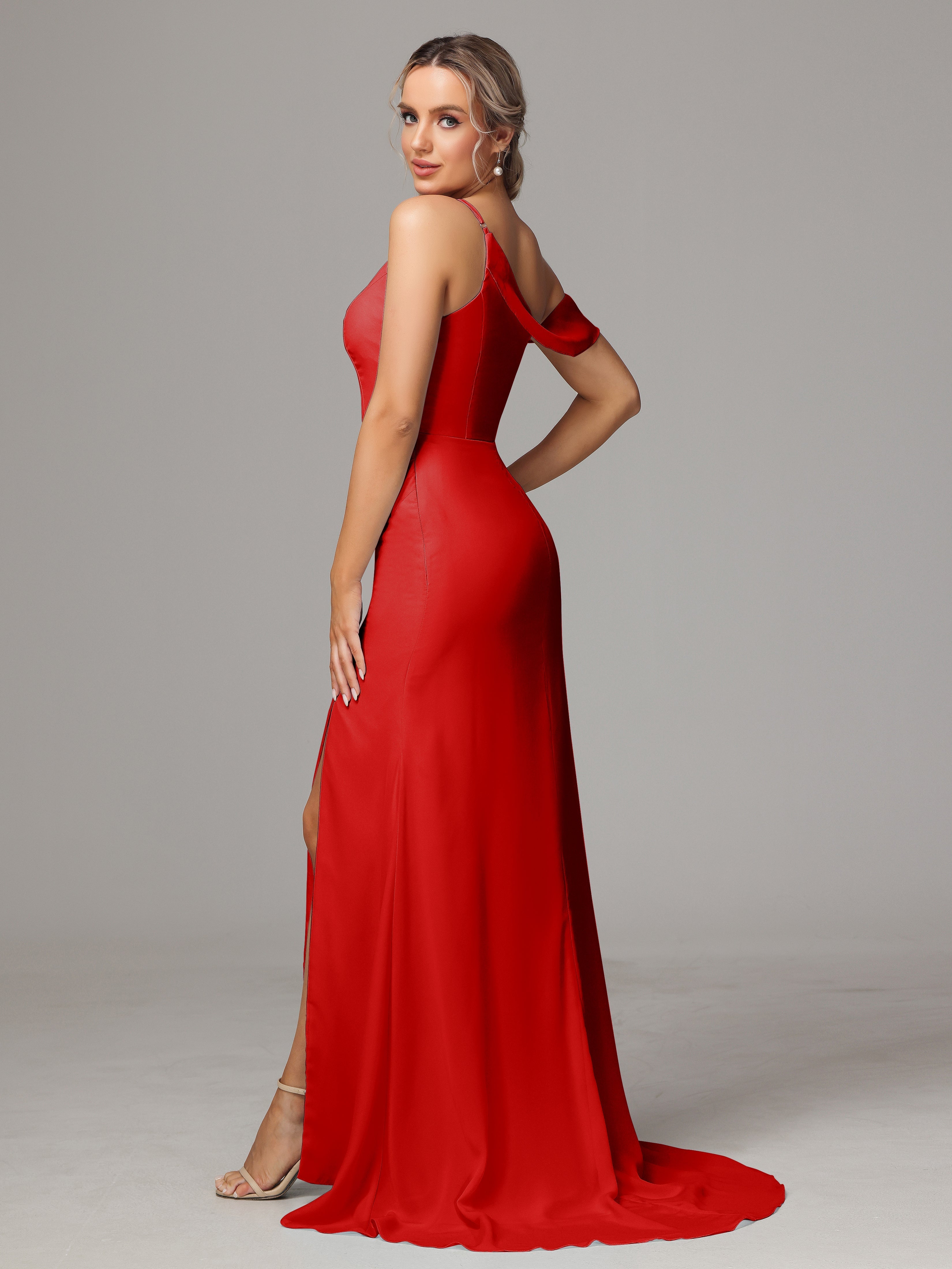 Mariage Robe Demoiselle D Honneur Rouge Seule-Épaule Fendue A-Ligne Mousseline Longue