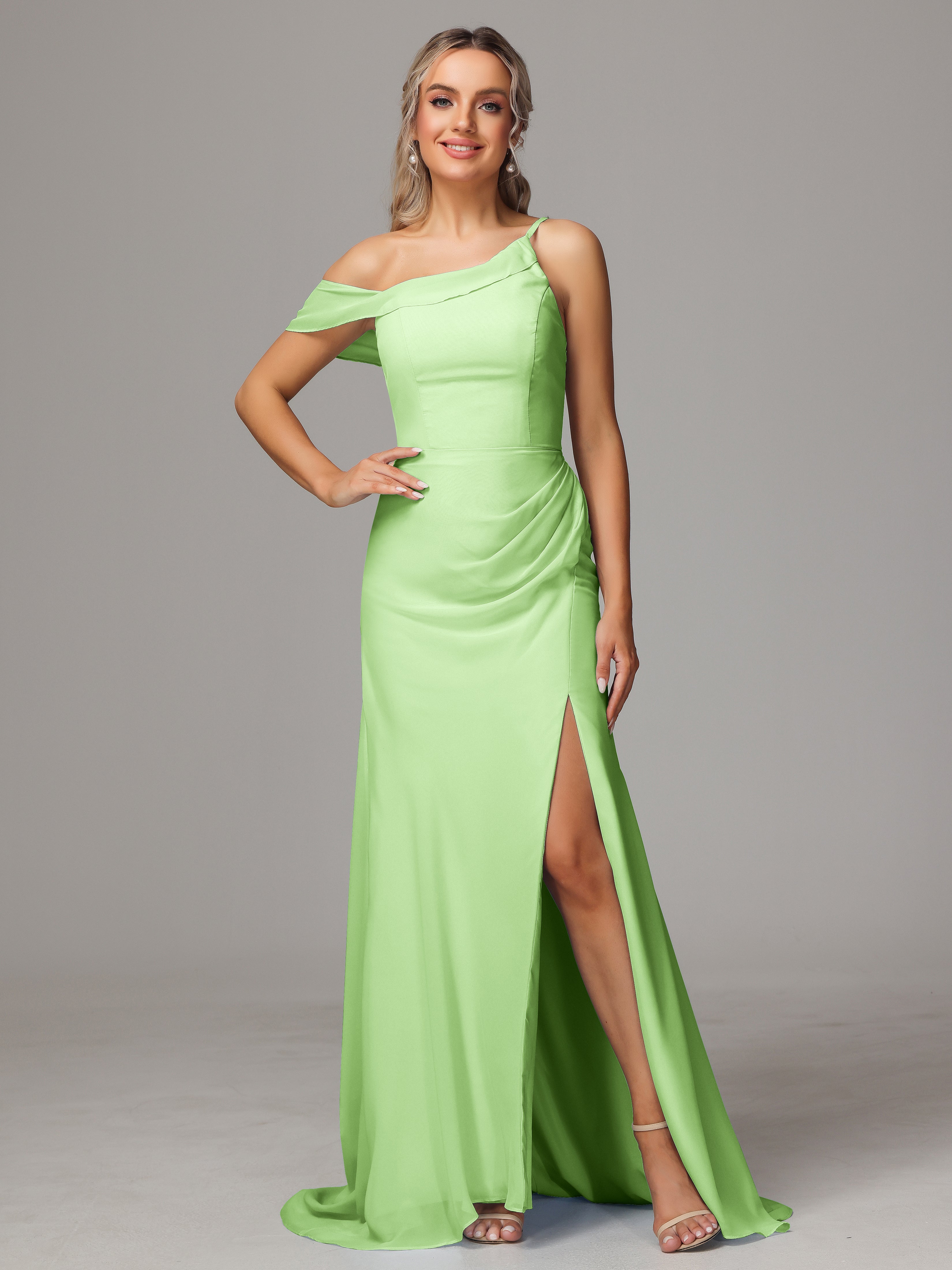 Robe Demoiselle Vert Sauge Seule-Épaule Fendue A-Ligne Mousseline Longue
