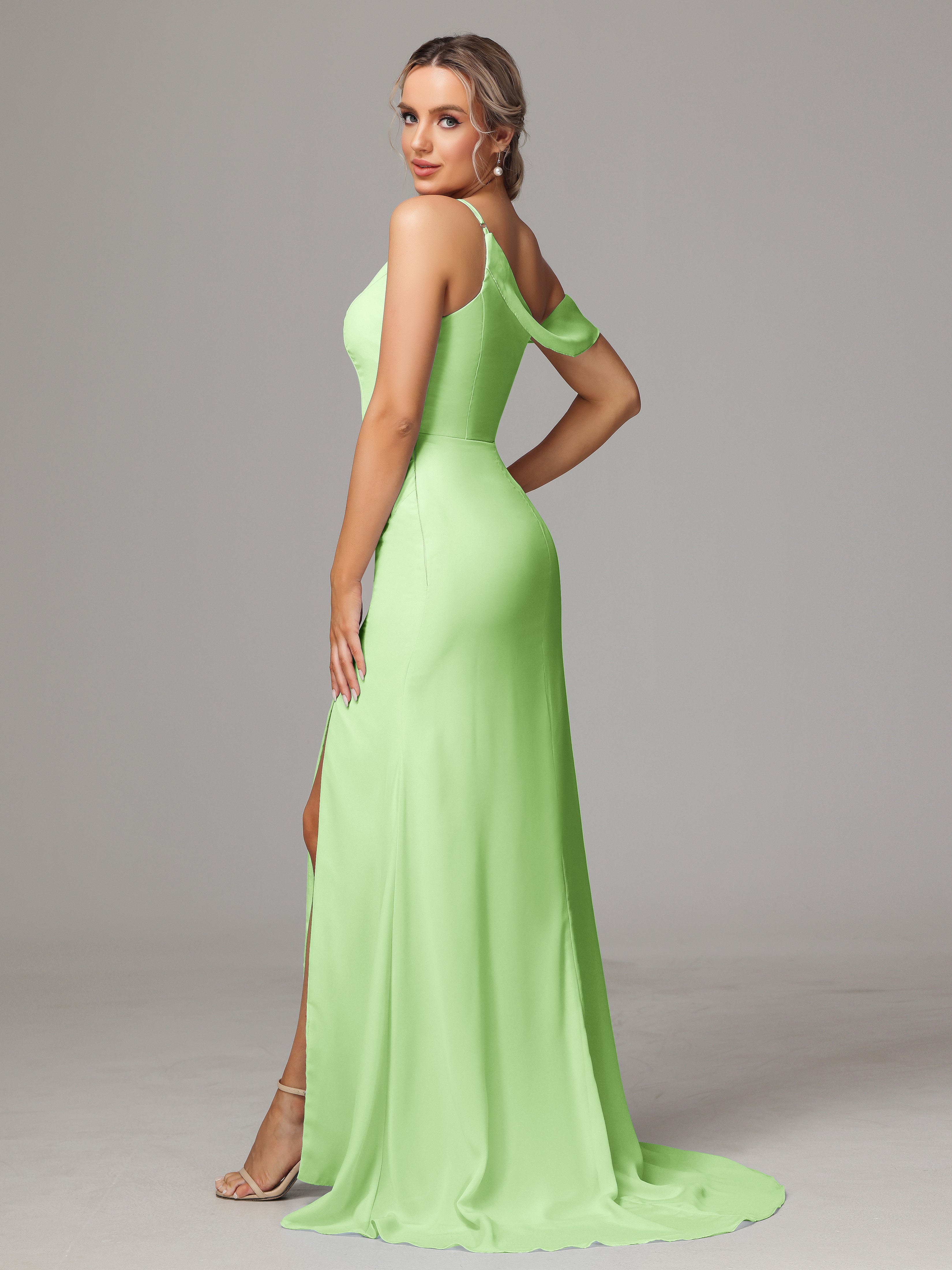 Robe Demoiselle Vert Sauge Seule-Épaule Fendue A-Ligne Mousseline Longue