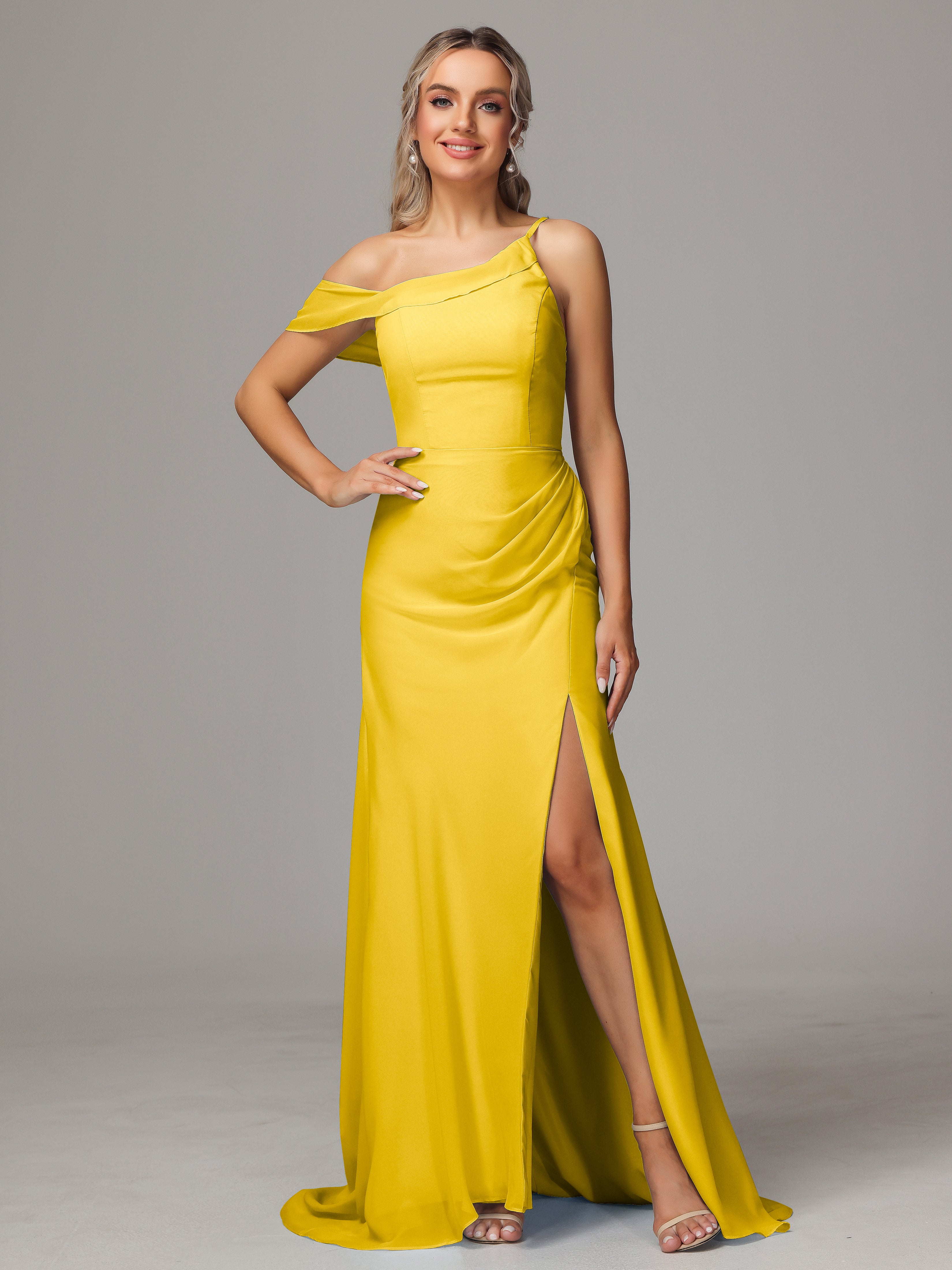 Robe De Demoiselle D'Honneur Souci Seule-Épaule Fendue A-Ligne Mousseline Longue