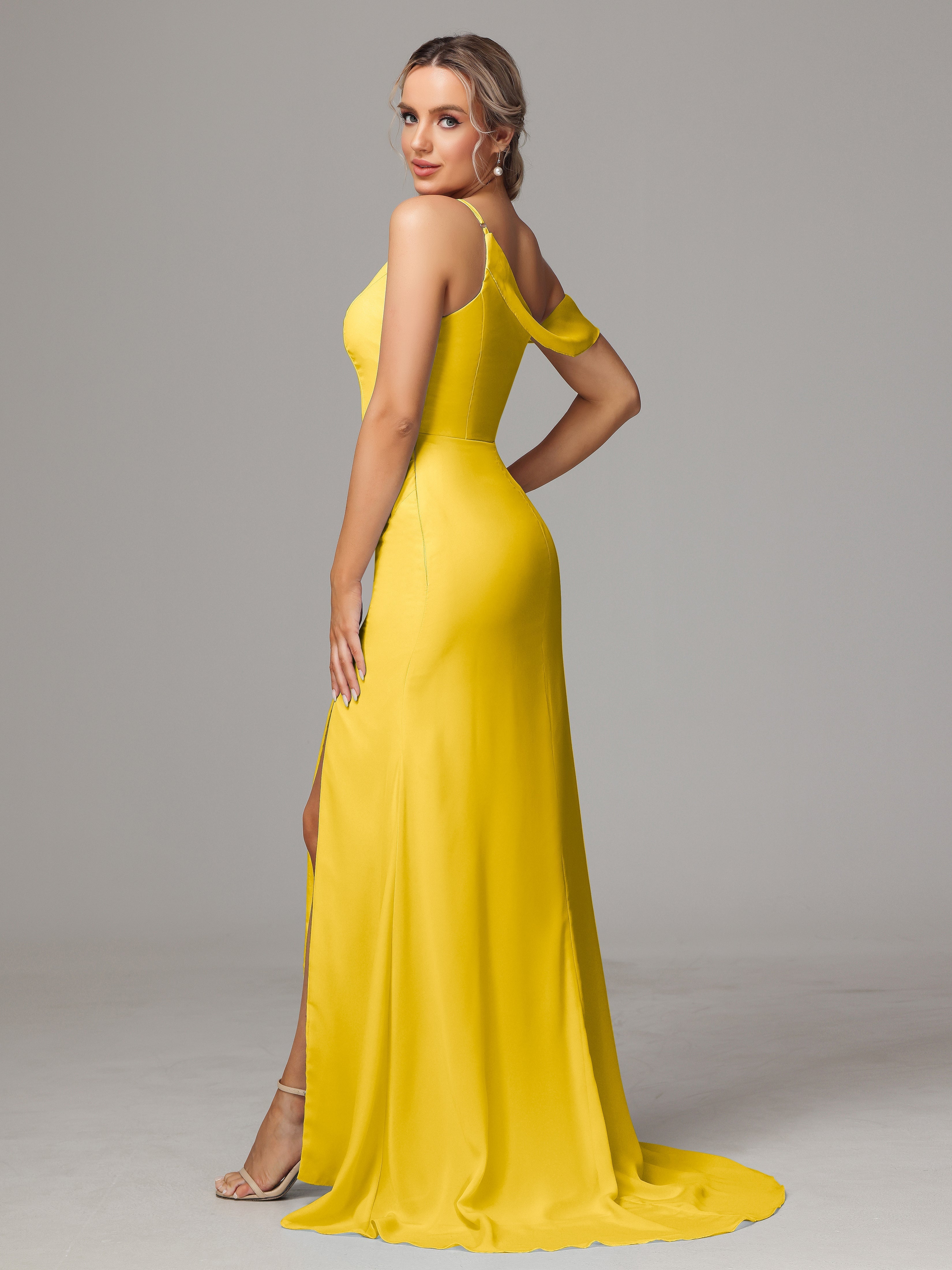 Robe De Demoiselle D'Honneur Souci Seule-Épaule Fendue A-Ligne Mousseline Longue